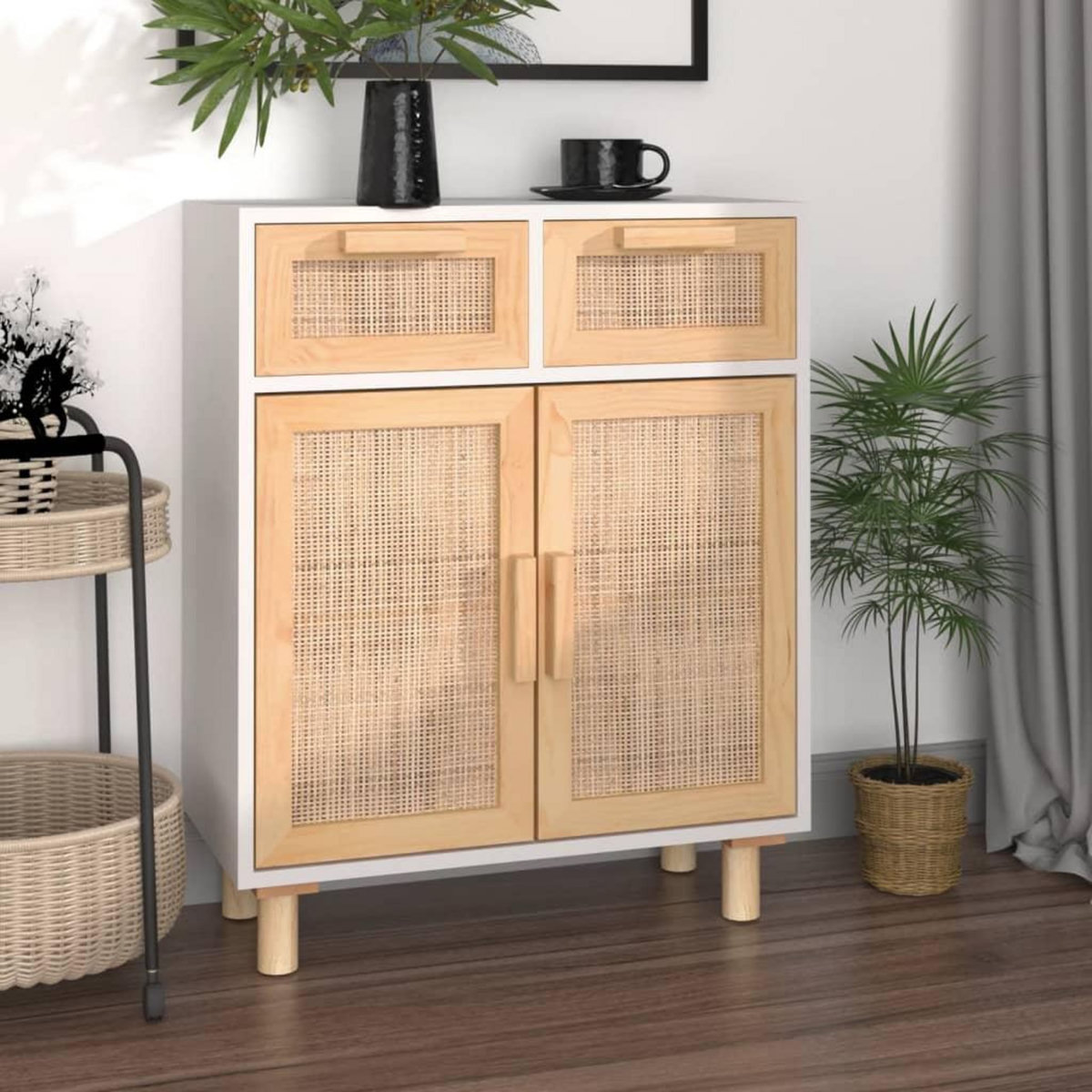 VIDAXL Buffet Blanc 60x30x75 cm Bois de pin massif et rotin naturel