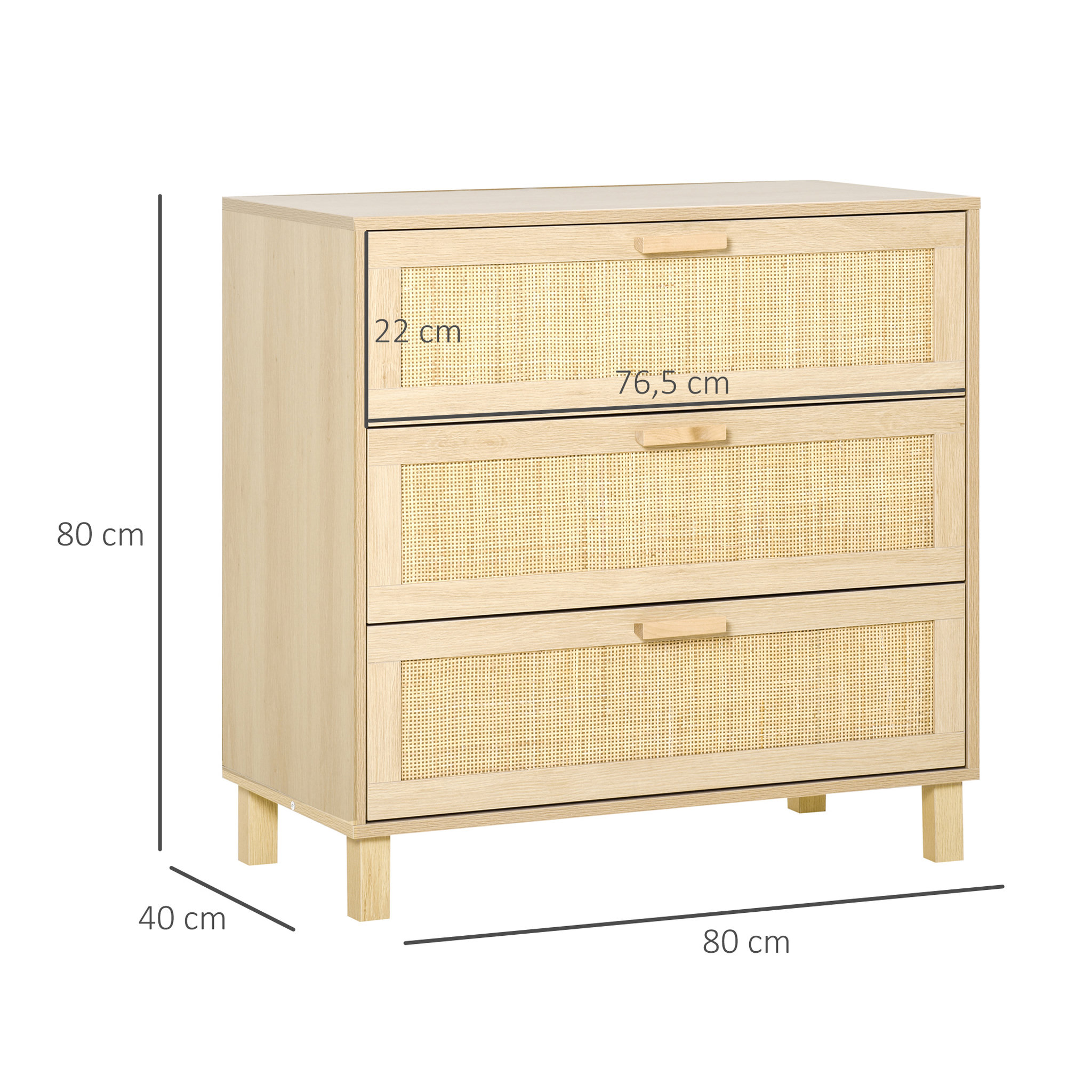 Voir la diapositive 3 : HOMCOM Commode 3 tiroirs cannage en rotin dim. 80L x 40l x 80H cm MDF aspect bois clair