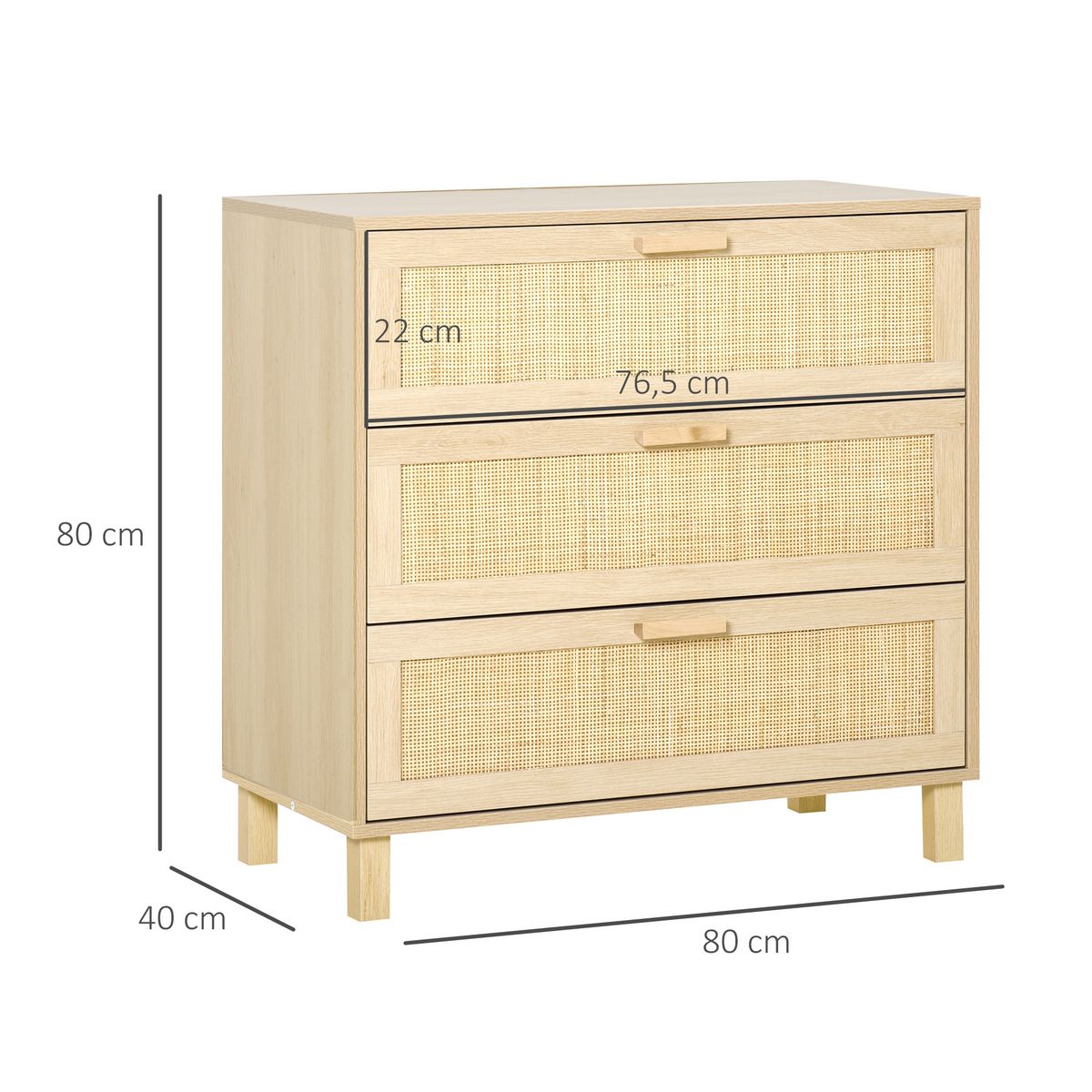 HOMCOM Commode 3 tiroirs cannage en rotin dim. 80L x 40l x 80H cm MDF aspect bois clair