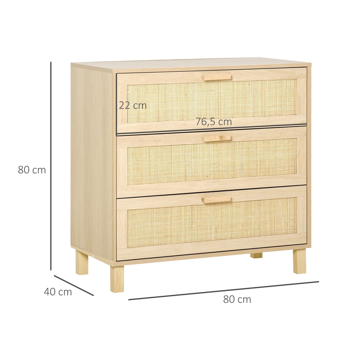 HOMCOM Commode 3 tiroirs cannage en rotin dim. 80L x 40l x 80H cm MDF aspect bois clair