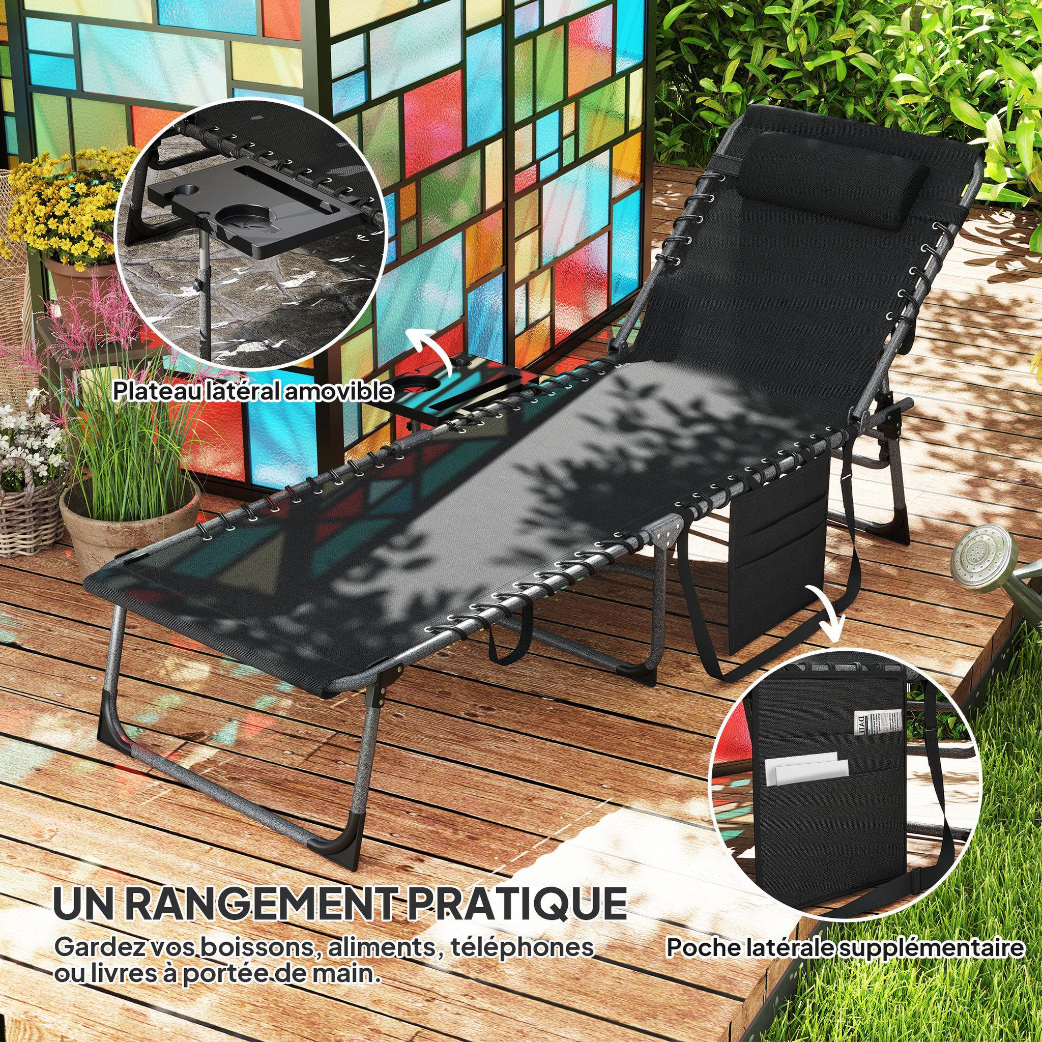 Voir la diapositive 6 : OUTSUNNY Bain de soleil transat pliable inclinable avec poignée, plateau et pochette rangement acier oxford noir