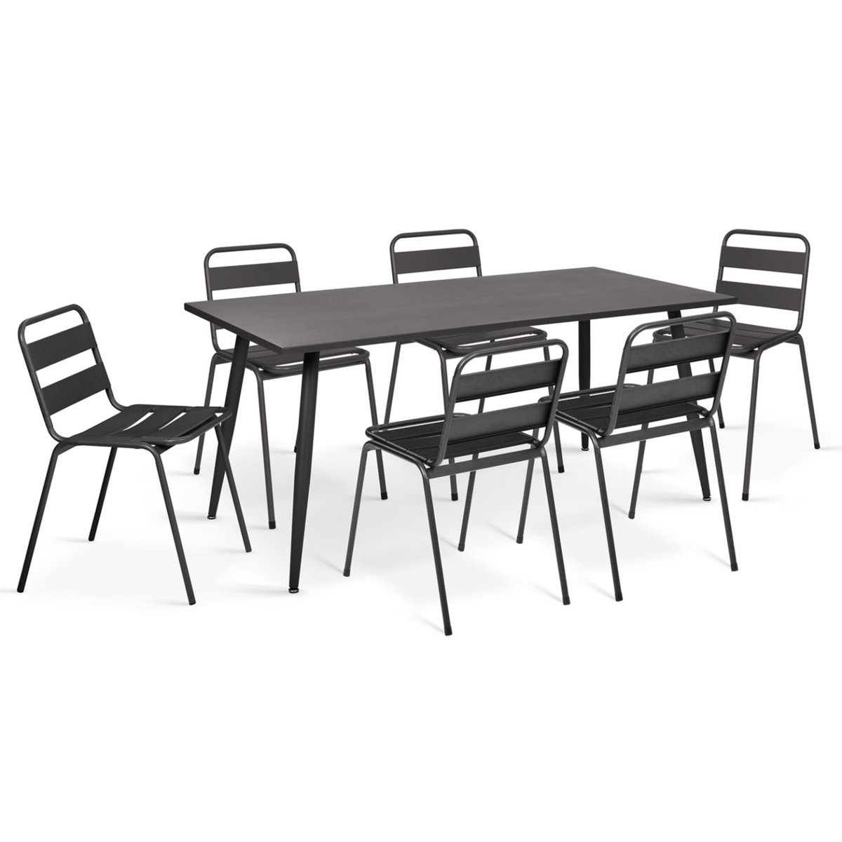 ID MARKET Salon de jardin VALENCIA en acier table 180 cm et 6 chaises empilables gris anthracite