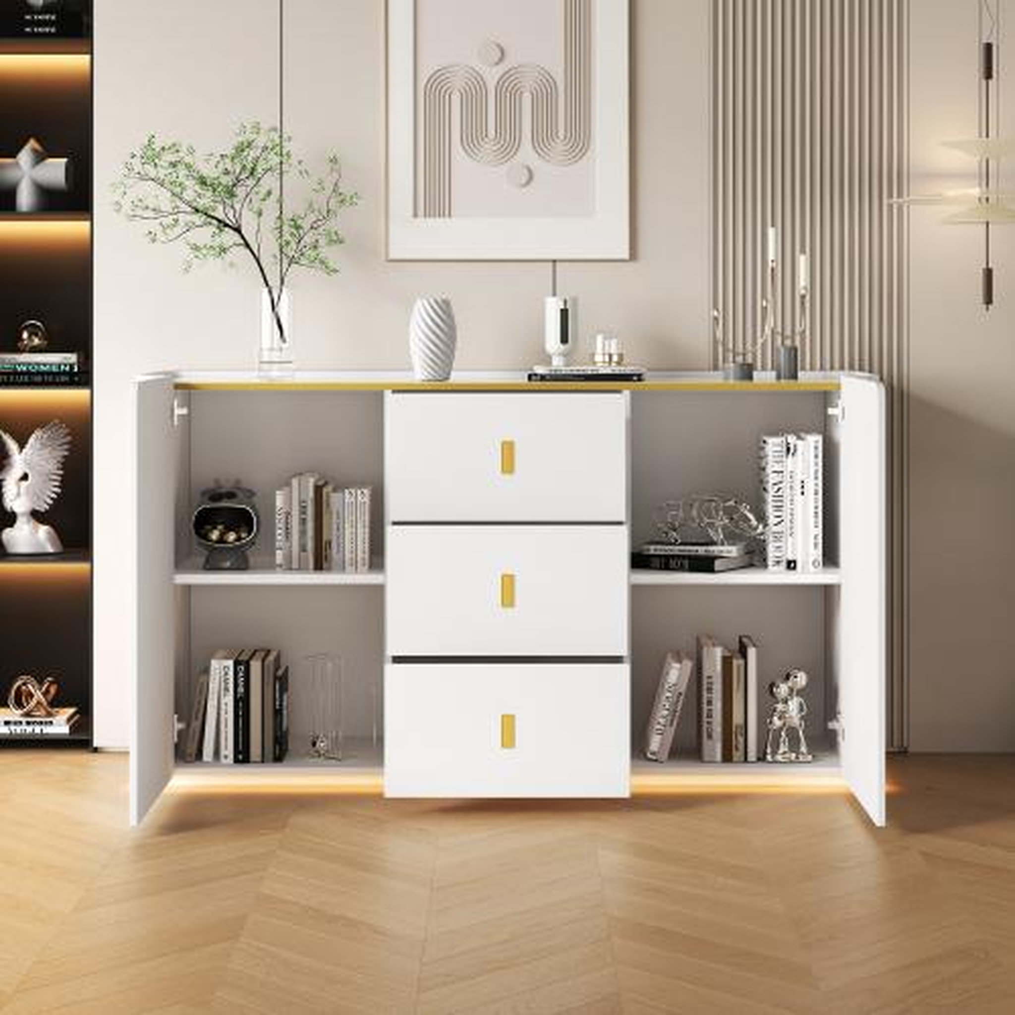 Voir la diapositive 2 : MERAX Buffet 2 porte(s) 3 tiroir(s) - 150 cm blanc led panneau de particules