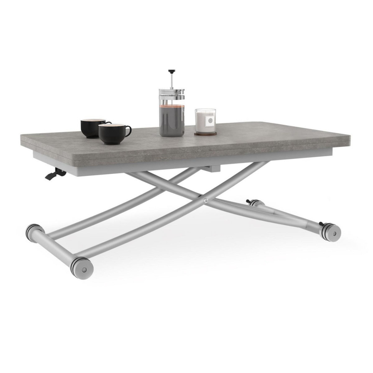 ID MARKET Table basse extensible relevable en table à manger rectangulaire URBANA plateau effet béton pied gris
