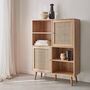 Voir la diapositive 3 : SWEEEK Buffet de rangement cannage et effet bois. buffet haut. vaisselier. 2 portes et 2 étagères style bohème 90cm