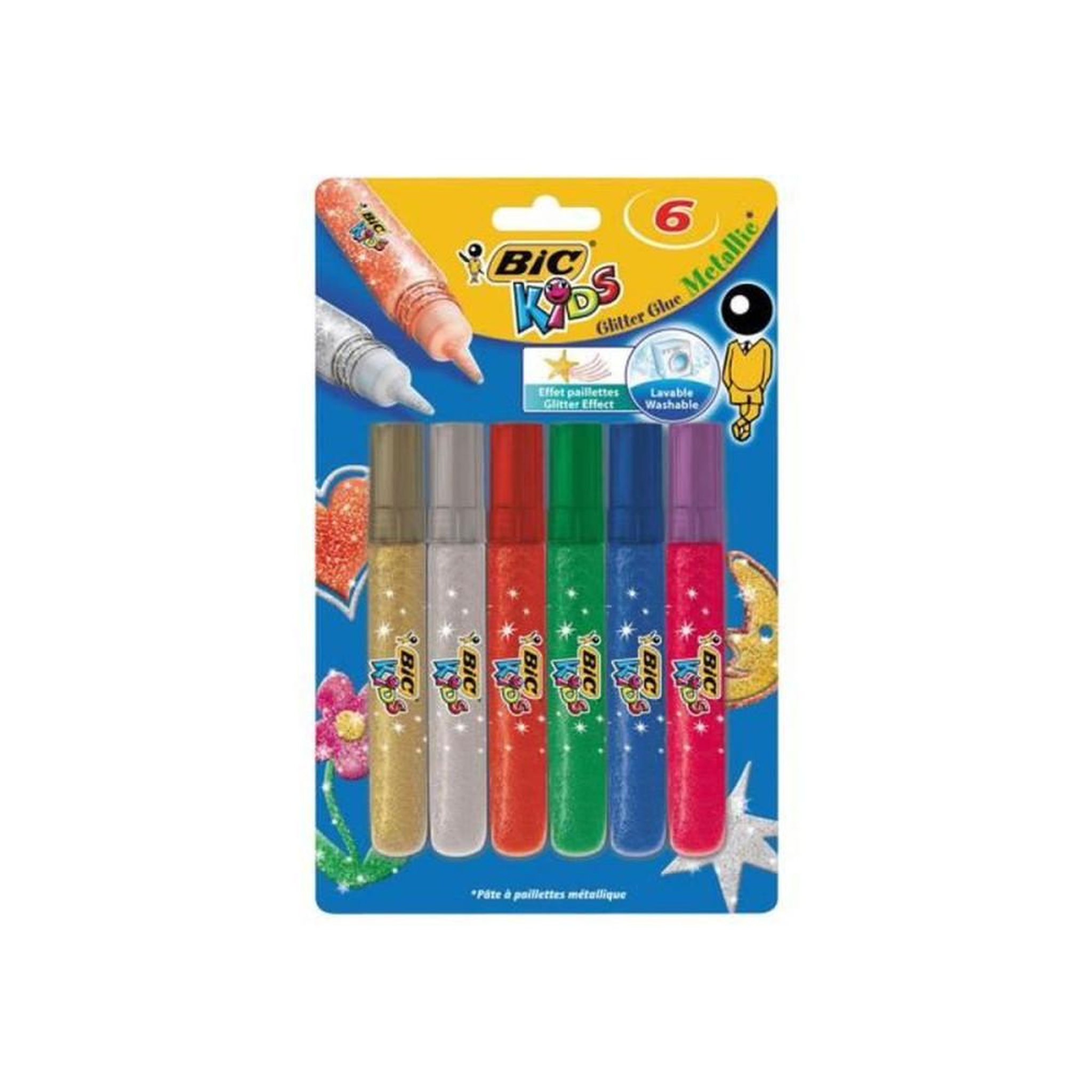 BIC Colle pailletée enfant effet métallisé transparente en tubes (lot de 6 couleurs)