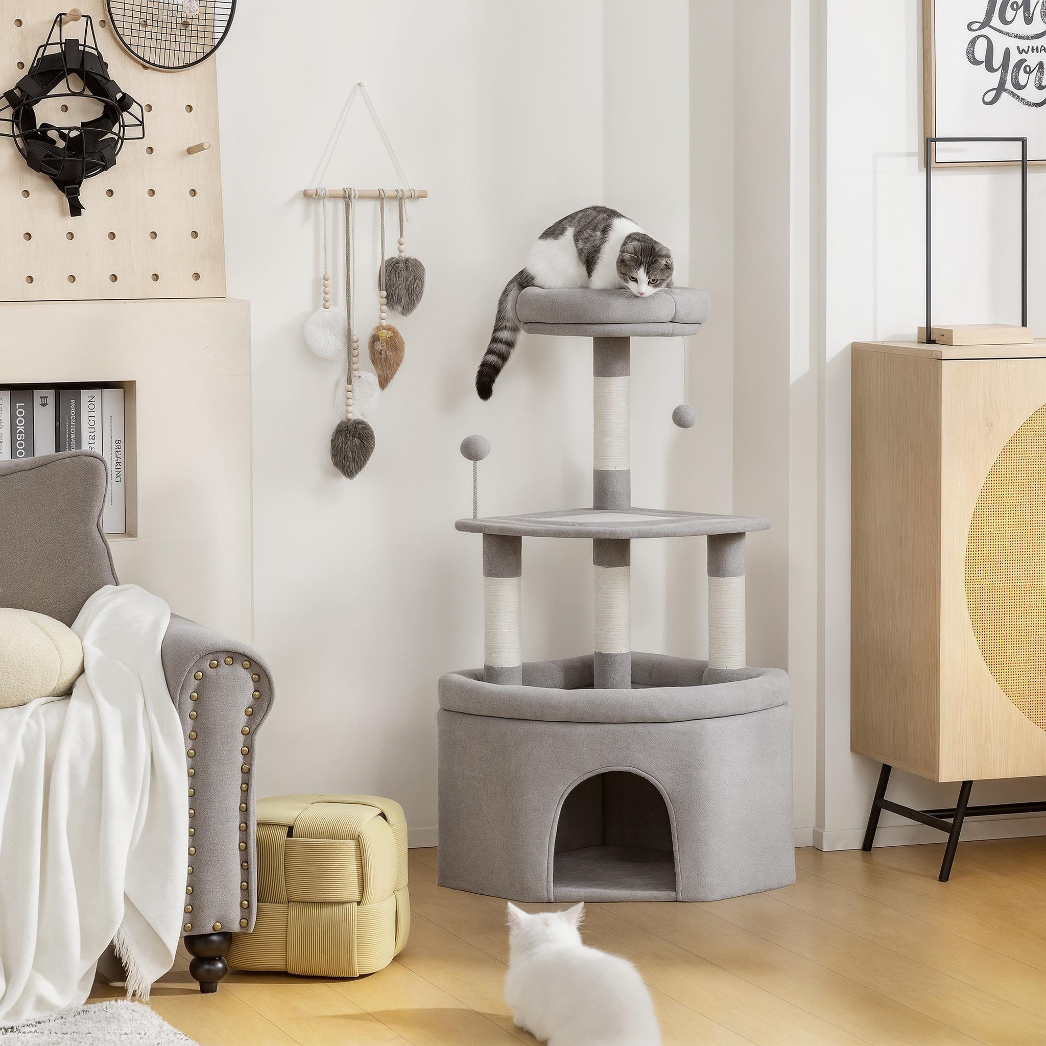 Voir la diapositive 2 : PAWHUT Arbre à chat d'angle h.114cm griffoirs grattoir grande niche plateformes gris
