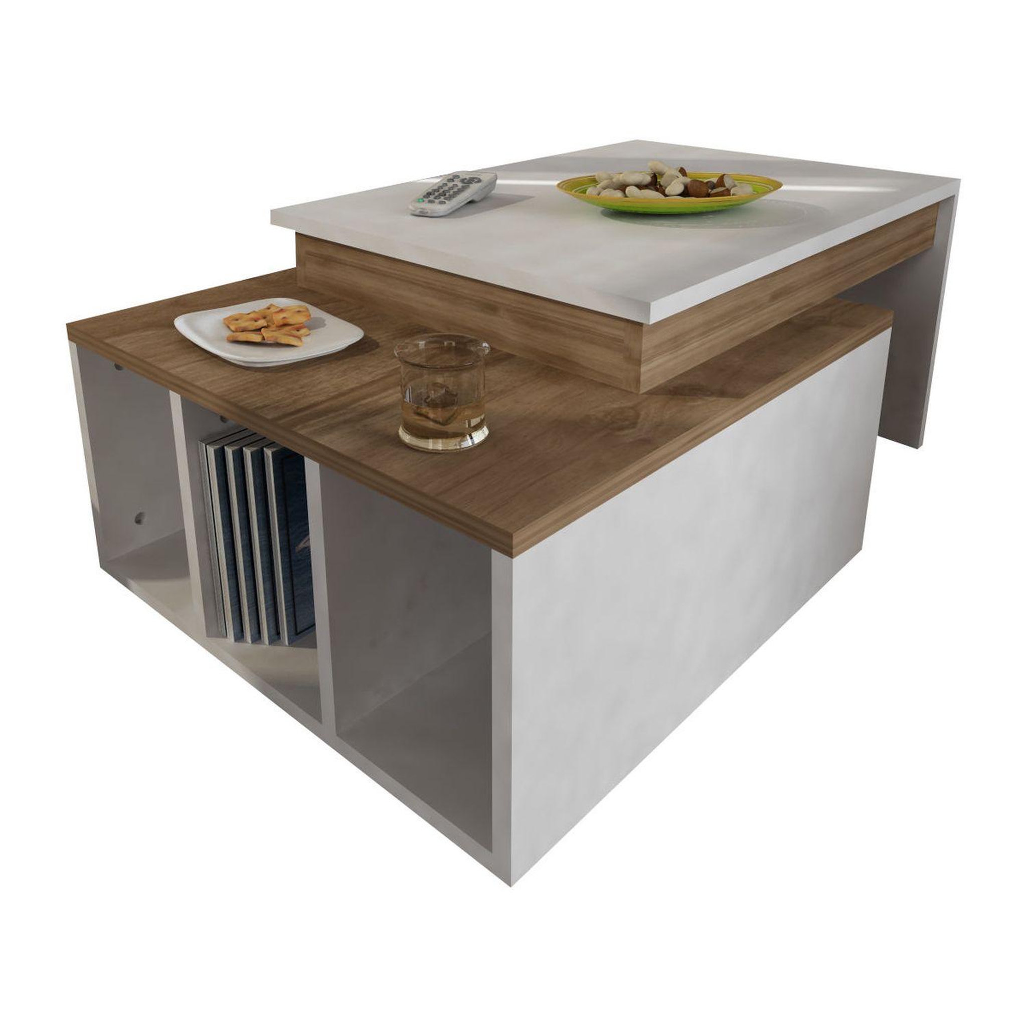 Voir la diapositive 5 : TOILINUX Table basse sur 2 niveaux avec 3 niches de rangement - blanc et marron