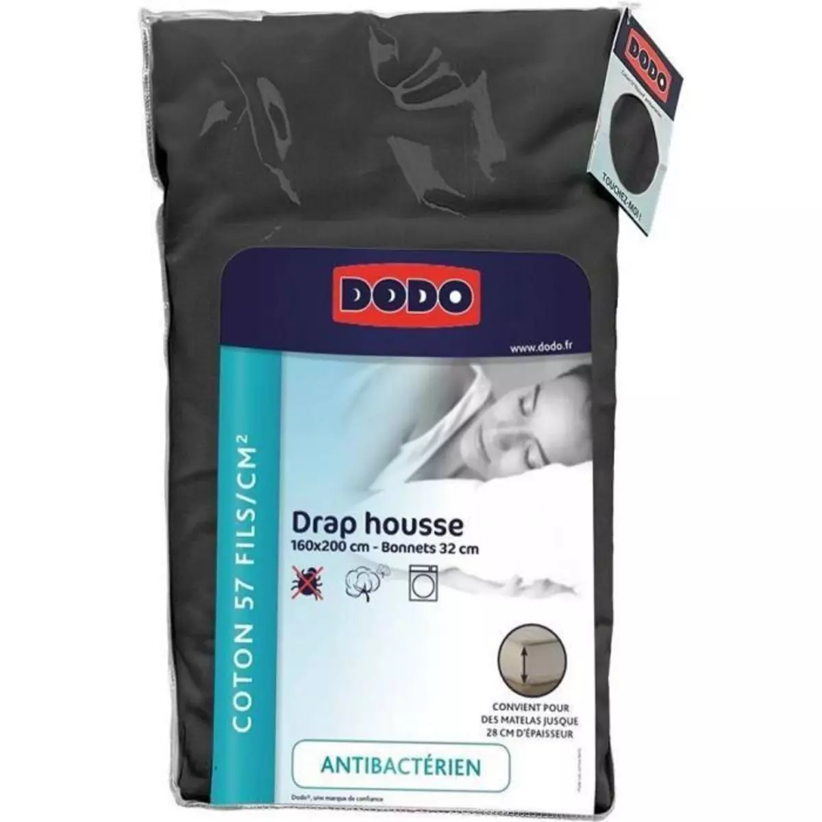  DRAP HOUSSE DODO - ANTIBACTERIENS - ANTHRACITE - 160X200 cm - Bonnet 32 cm