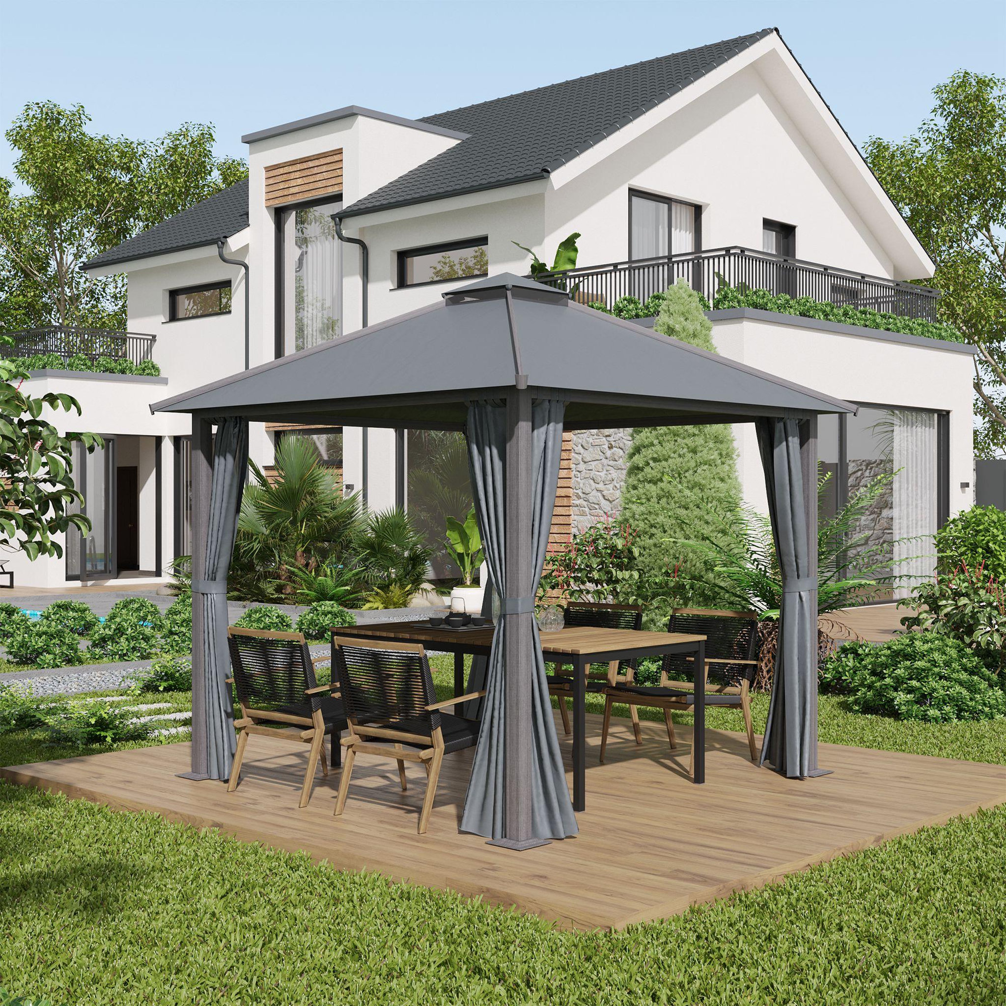 Voir la diapositive 2 : OUTSUNNY Pavillon de jardin style contemporain - barnum avec rideaux - dim. 2,96L x 2,96l x 2,8H m - alu. polyester gris