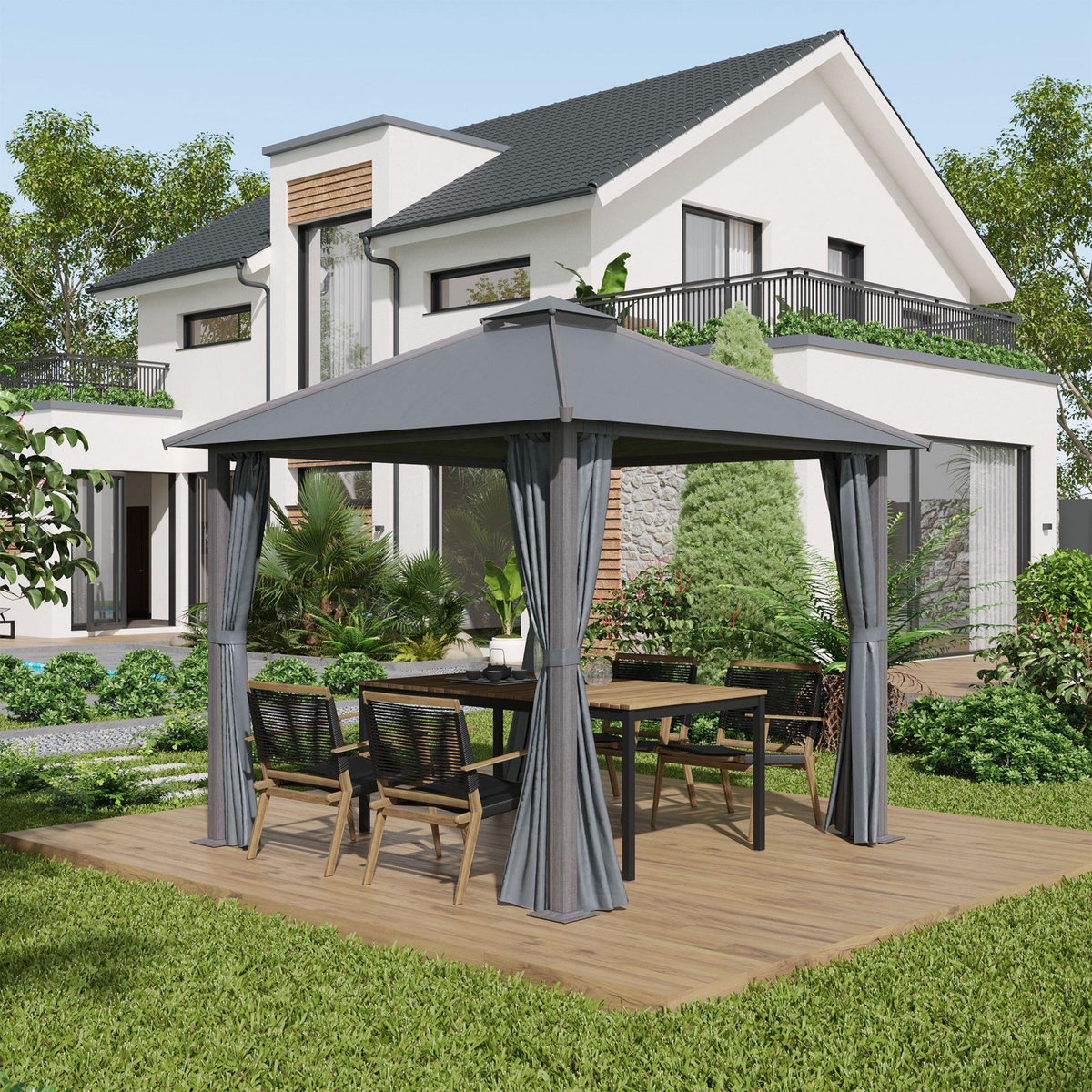 OUTSUNNY Pavillon de jardin style contemporain - barnum avec rideaux - dim. 2,96L x 2,96l x 2,8H m - alu. polyester gris