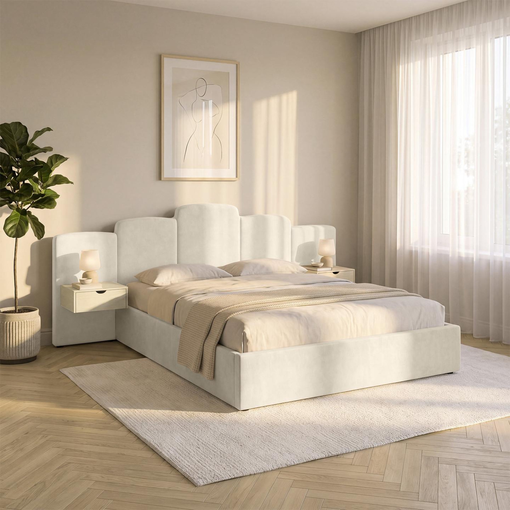 Voir la diapositive 3 : ID MARKET Lit coffre double CLOUD avec tête de lit matelassée + tables de chevet intégrées et sommier 160 x 200 cm velours beige