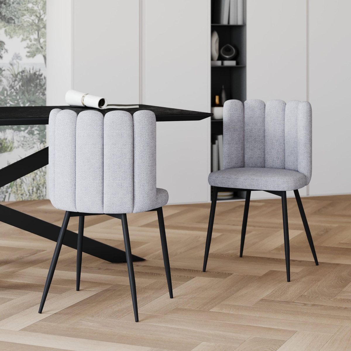 Rendez vous déco Lot de 2 chaises en tissu gris et pieds en métal noir-Rosy
