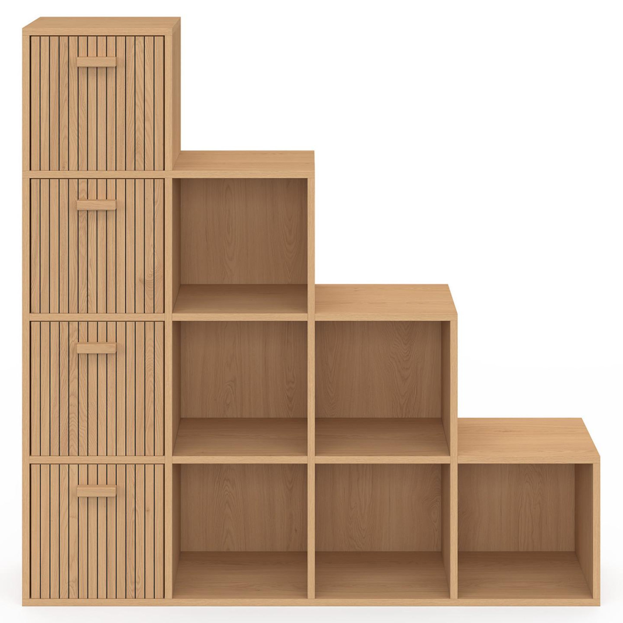 Voir la diapositive 3 : ID MARKET Meuble de rangement en escalier lorys 4 niveaux effet lattes juliette avec 4 tiroirs en tissu