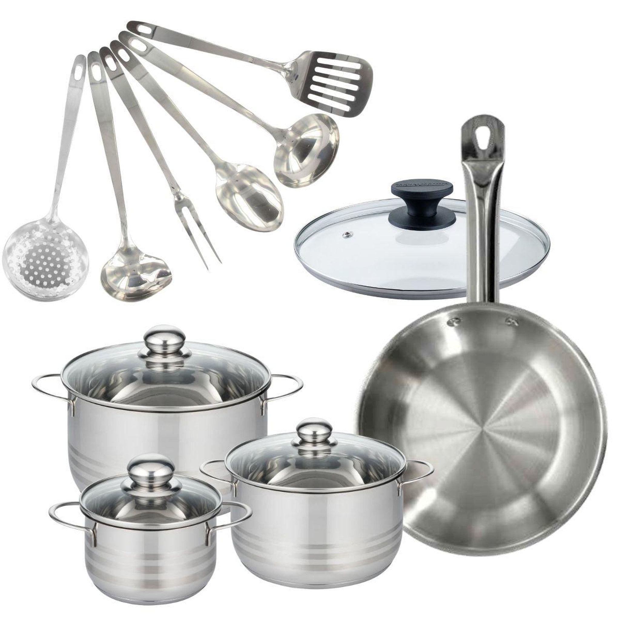 Fackelmann Set 1 poêle 28 cm en inox et couvercle, 3 faitouts inox 16, 20 et 24 cm et 6 ustensiles inox Fackelmann Eterna