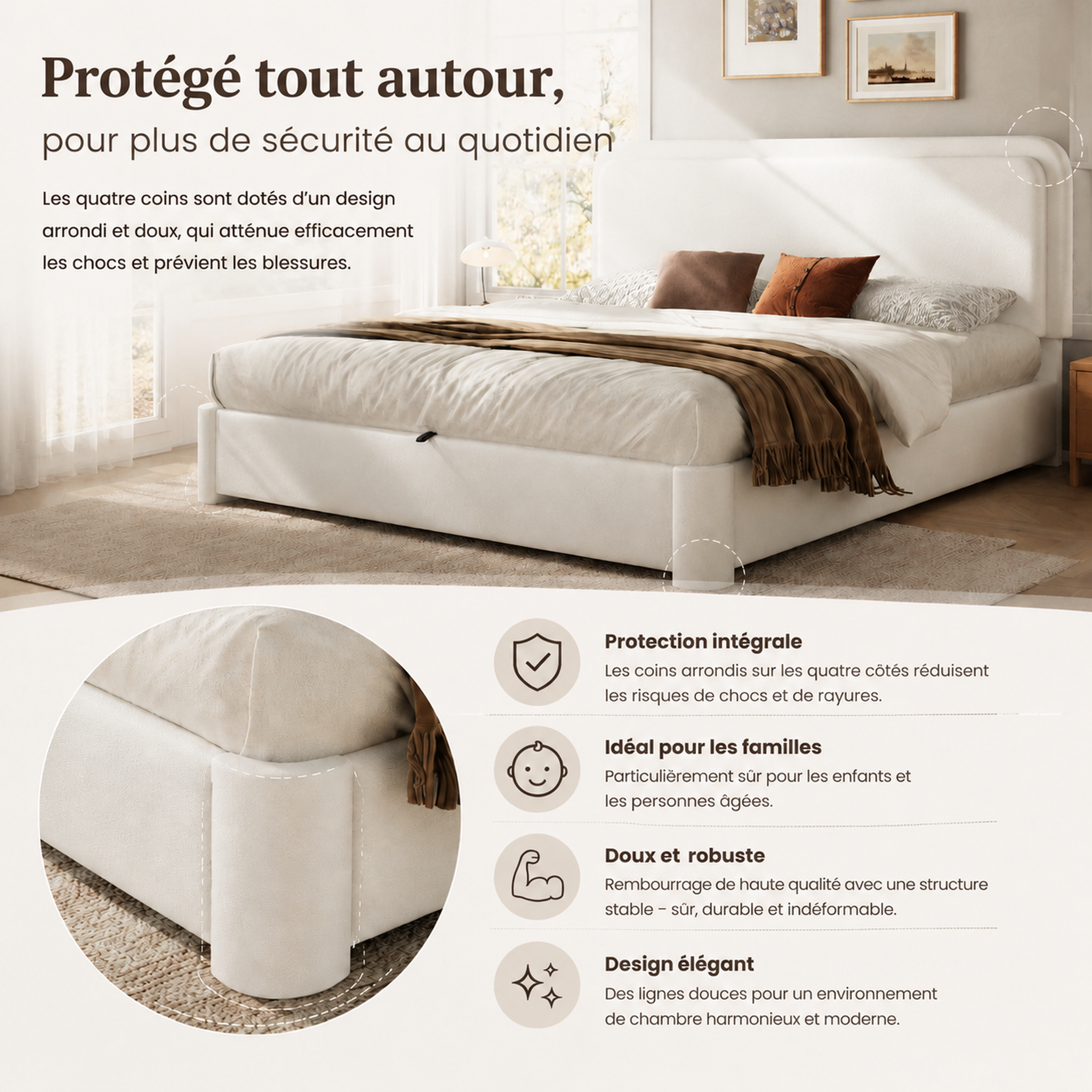 Voir la diapositive 5 : MERAX Lit double 160x200 cm avec coffre rangement tête de lit réglable bouclé blanc