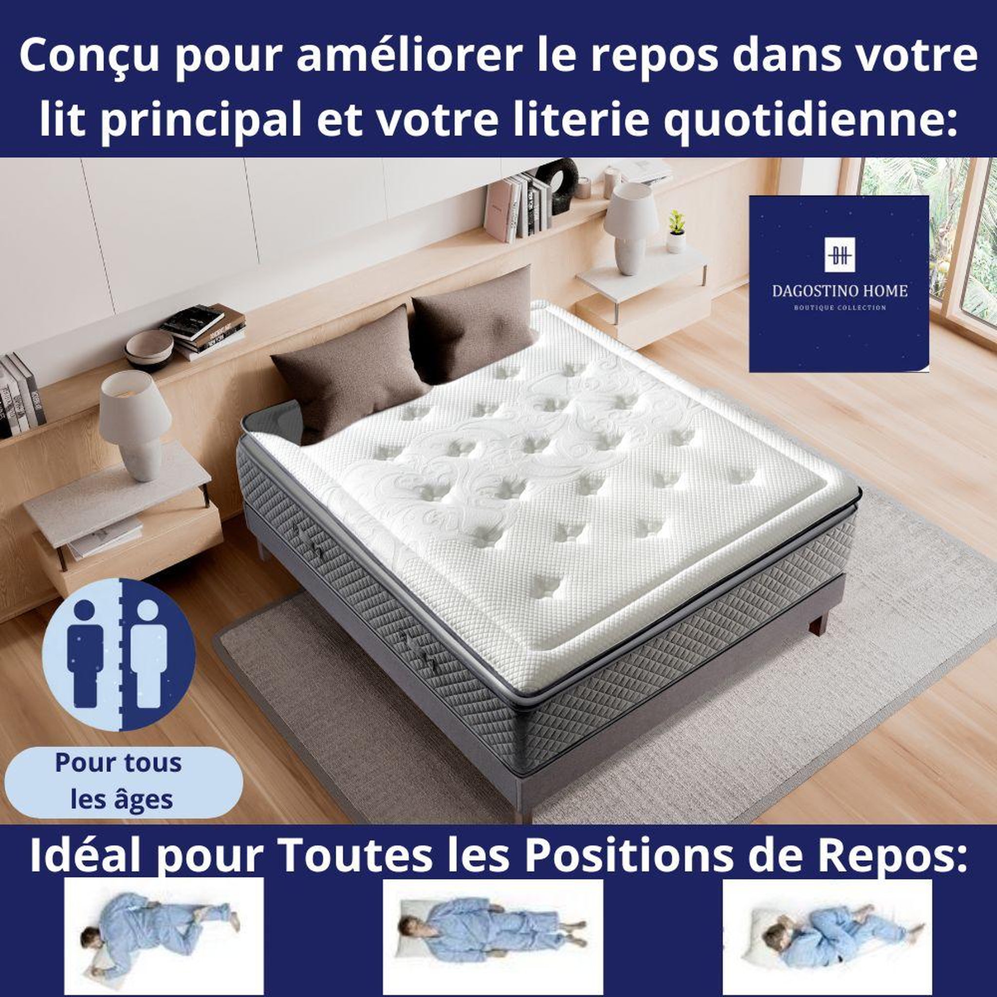 Voir la diapositive 2 : DAGOSTINO HOME Matelas 90x190 - 30cm Epaisseur - Mousse HR Très Ferme | Double Face (Été-Hiver) | Soutien Équilibré, Parfait et Tonique