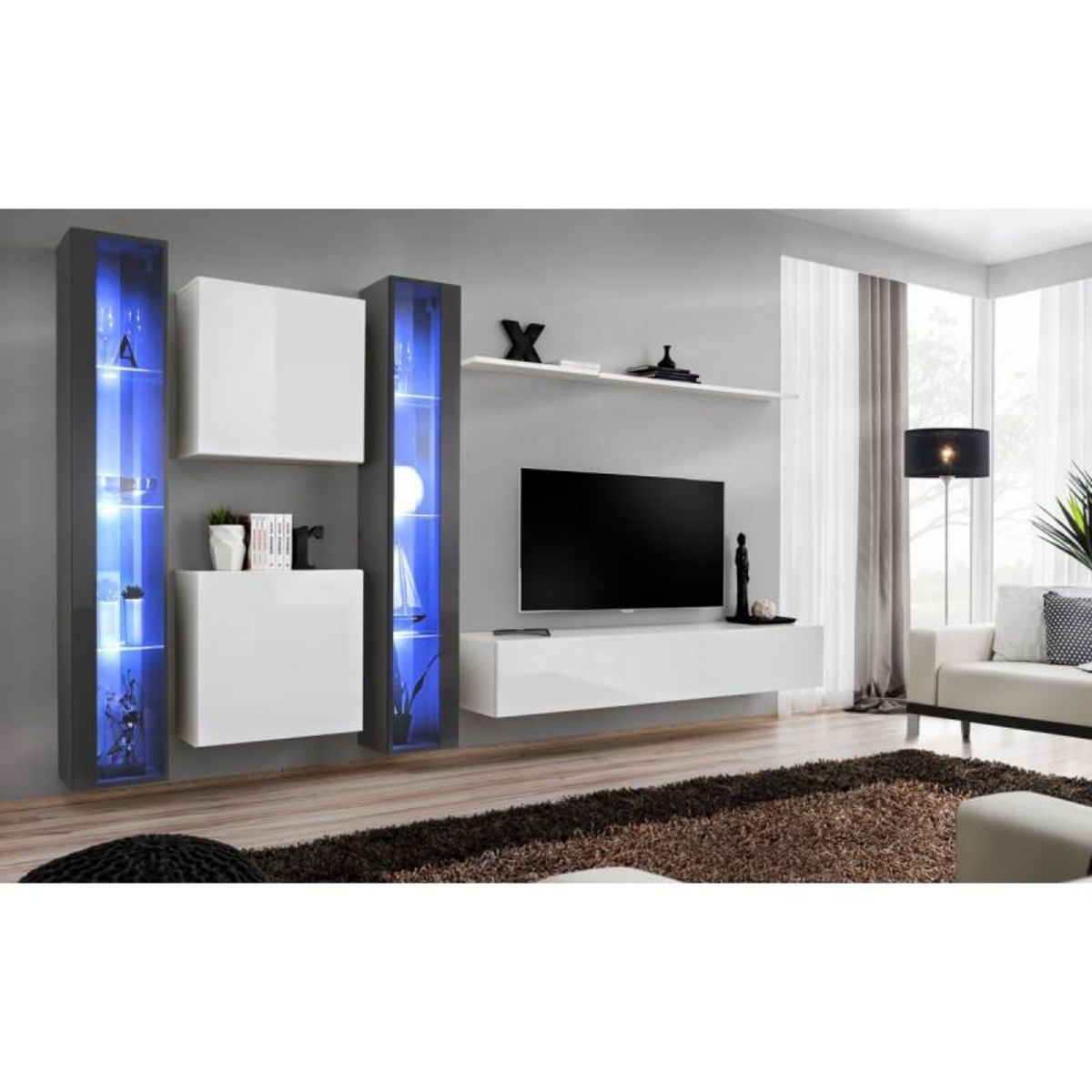 Paris Prix Meuble TV Mural Design  Switch XVI  330cm Gris & Blanc