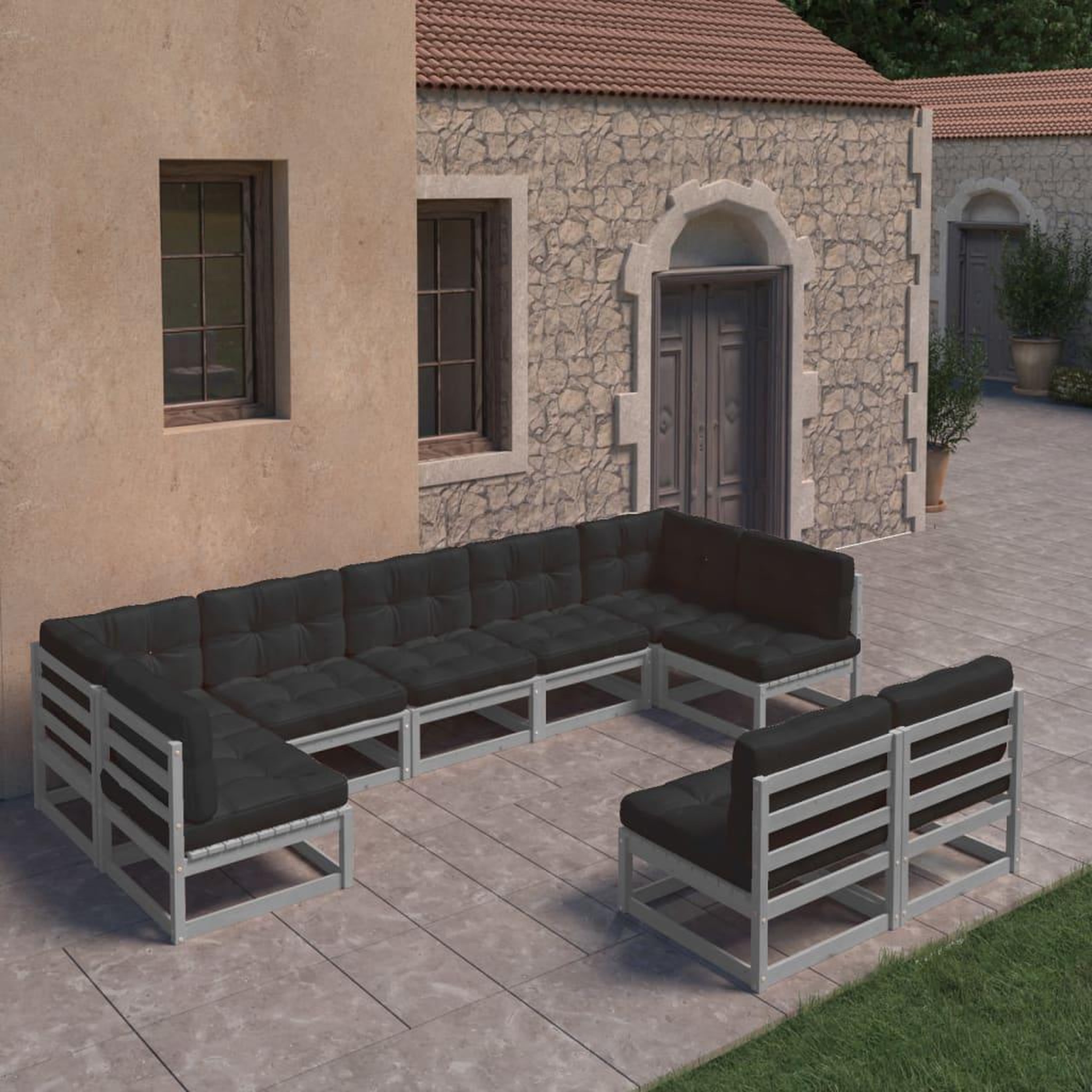 Voir la diapositive 1 : VIDAXL Salon de jardin 9 pcs avec coussins Gris Bois de pin massif