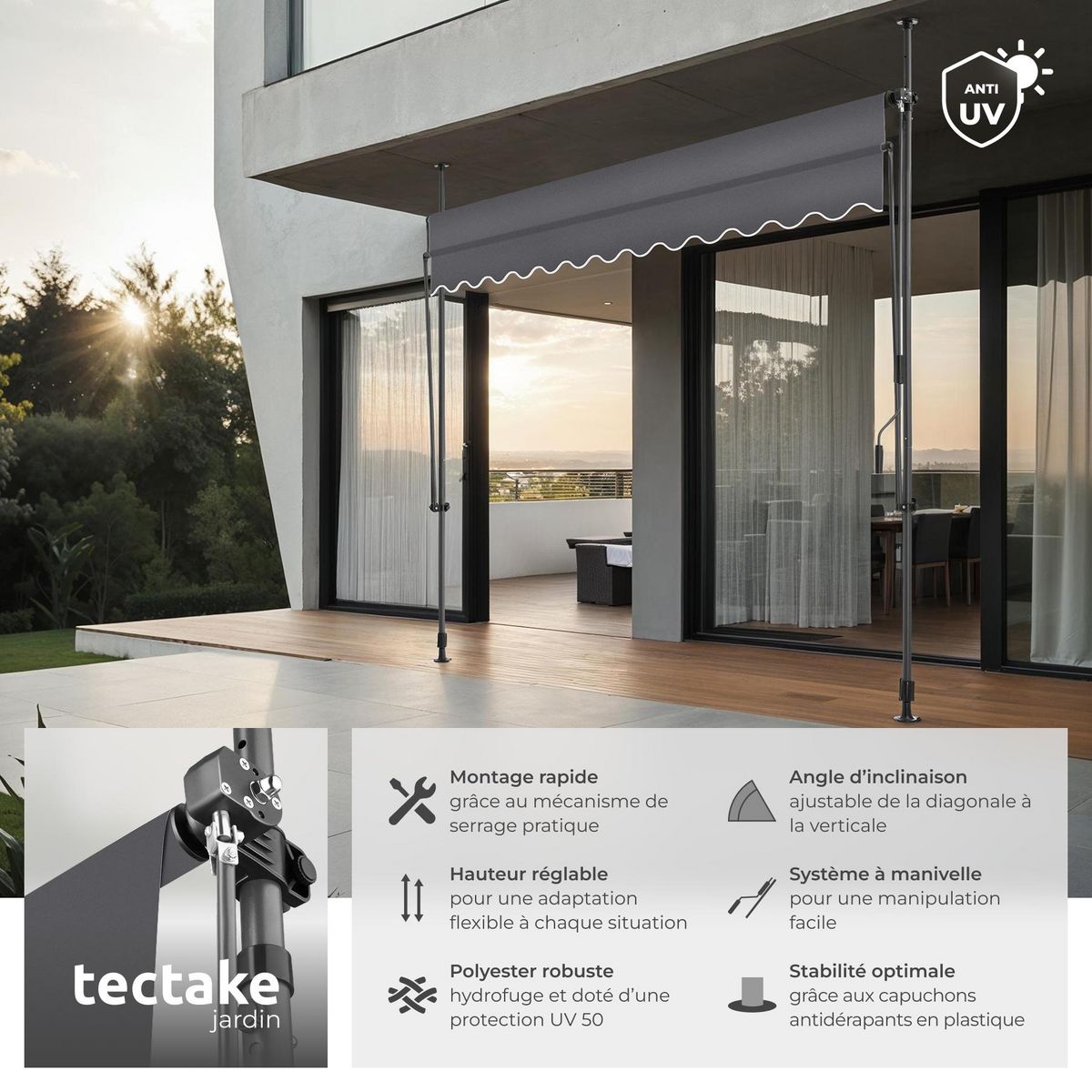 tectake Store à pince sans perçage avec manivelle noir/gris 300 x 180 cm