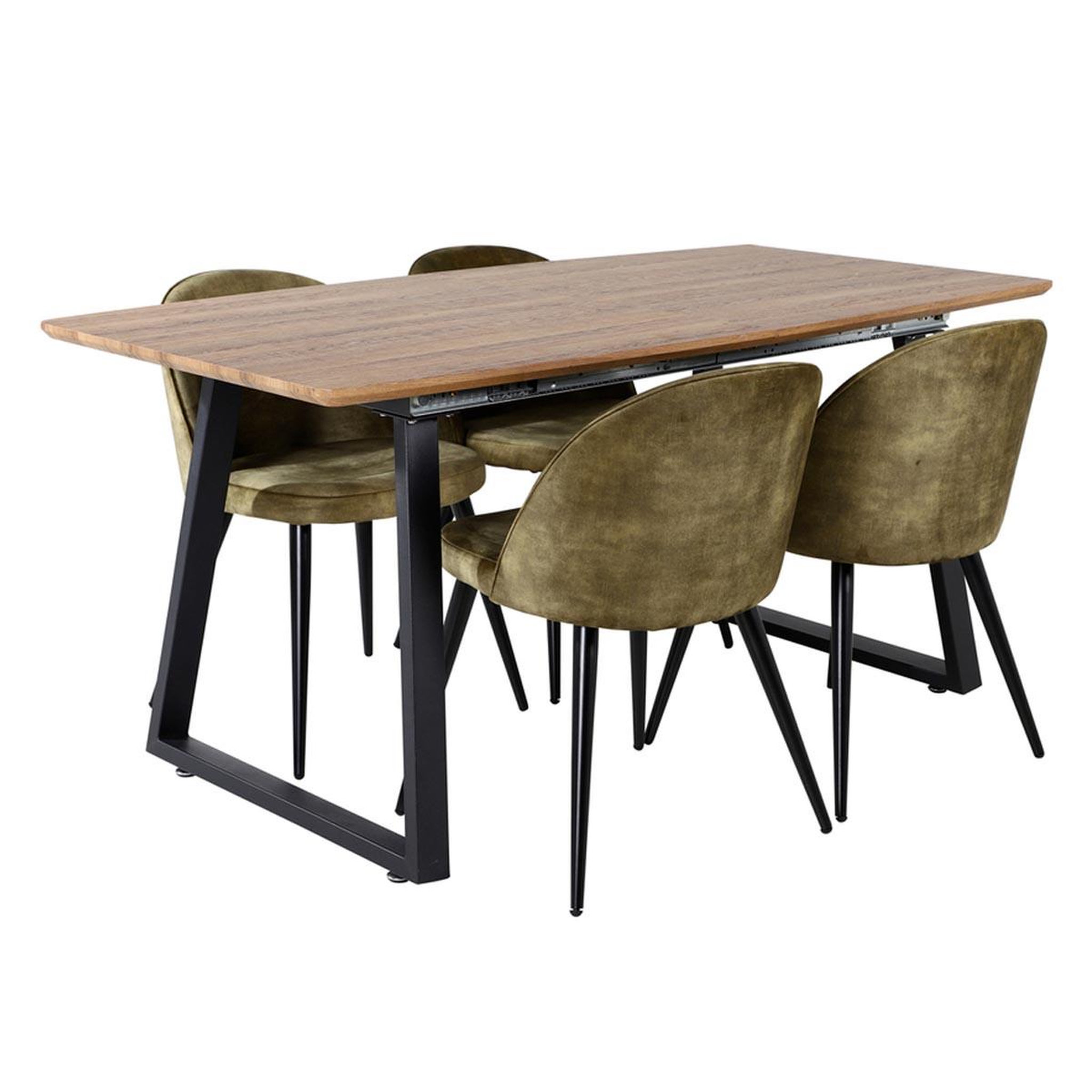 Paris Prix Ensemble table à manger extensible & 4 chaises  inca & velvet  160-200cm noyer & vert