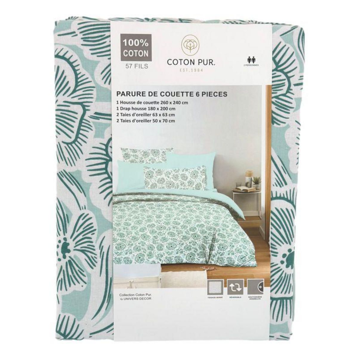 COTON PUR Pack complet housse de couette réversible pour lit 180 x 200 cm  King size  Agathe céladon