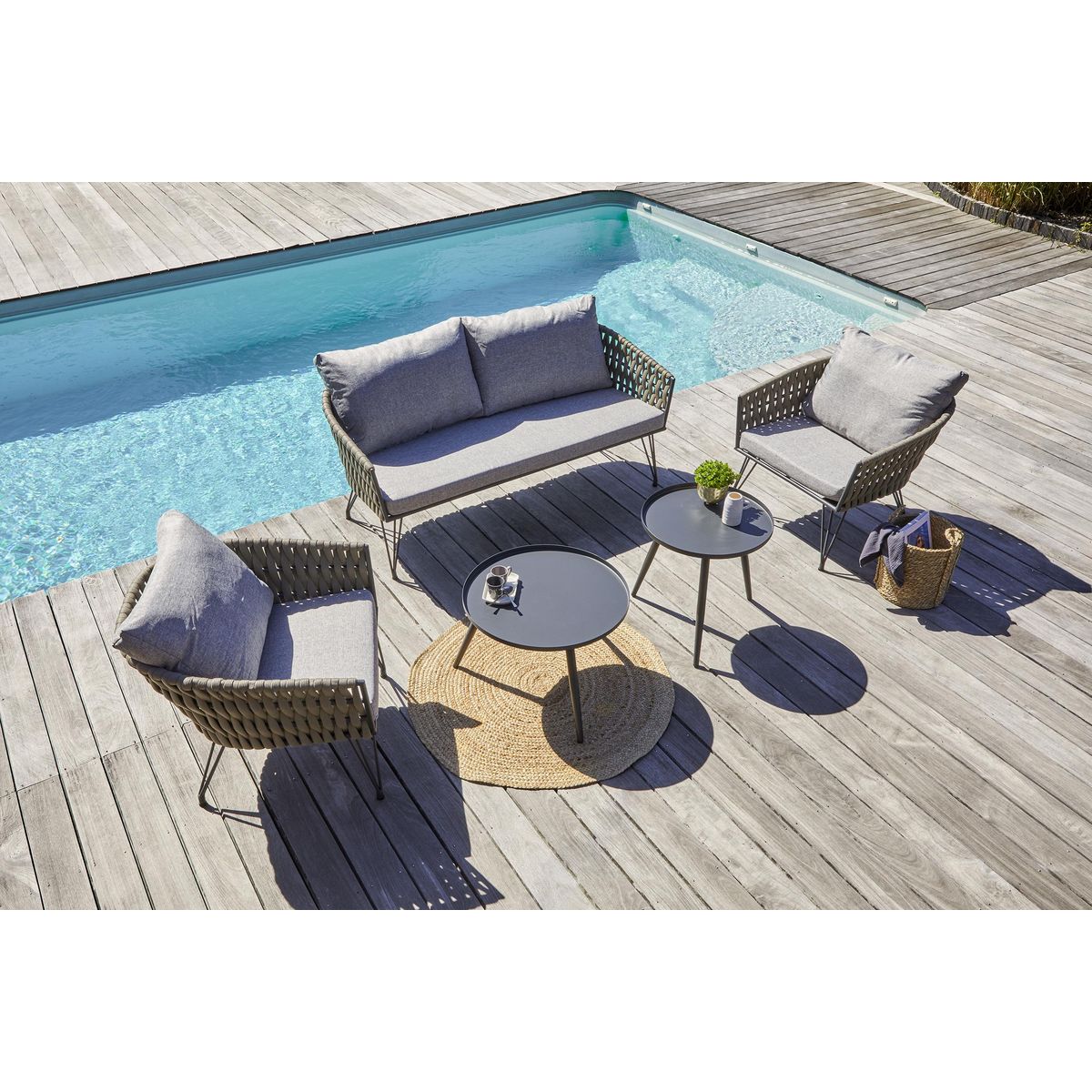 DCB GARDEN Salon bas de jardin en corde tissé taupe et anthracite  4 places CAPRI