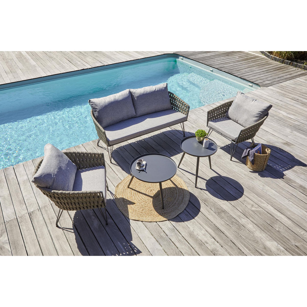 DCB GARDEN Salon bas de jardin en corde tissé taupe et anthracite  4 places CAPRI