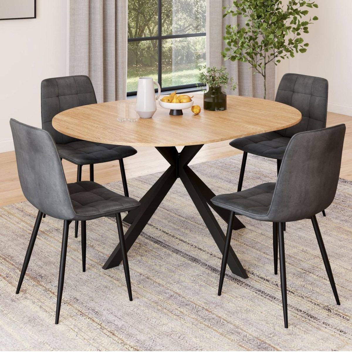 ID MARKET Ensemble table à manger ronde extensible ALIX 110 - 150 cm et 4 chaises MILA en velours gris foncé