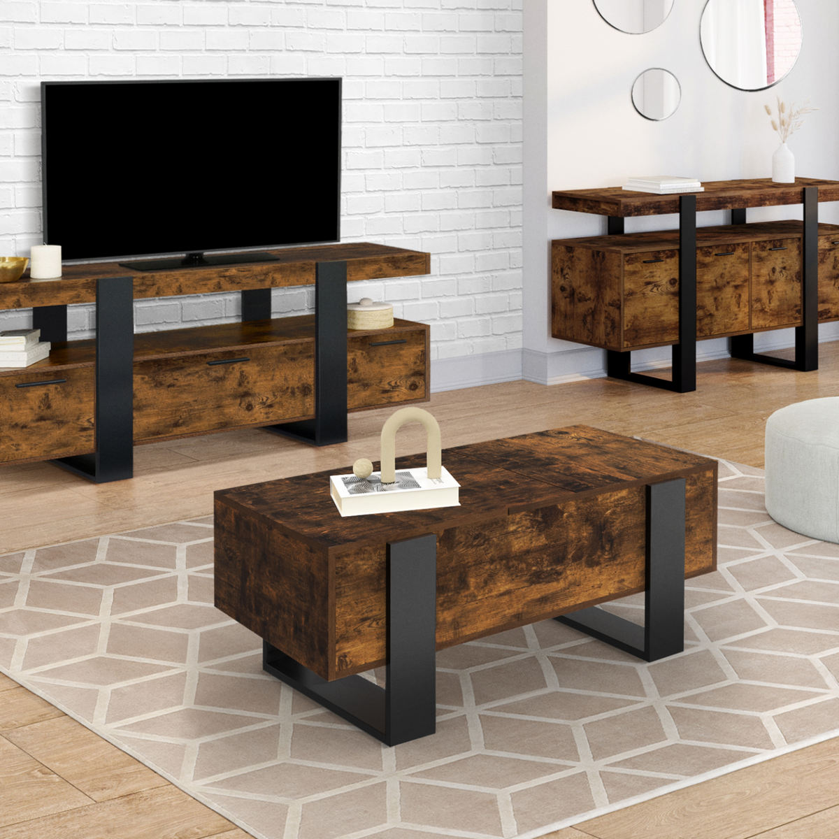 ID MARKET Table basse 2 plateaux relevables PHOENIX bois effet vieilli et noir