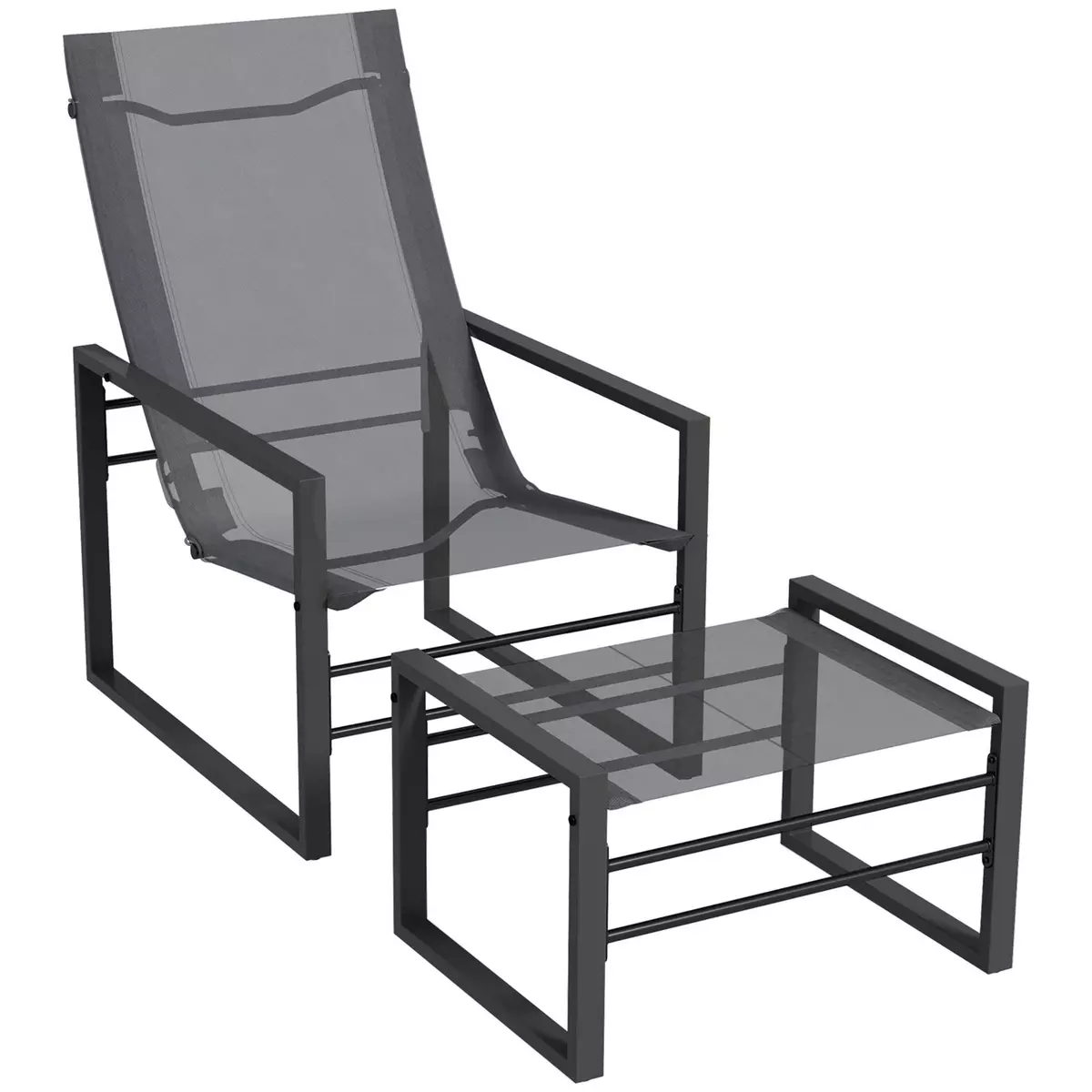 OUTSUNNY Ensemble fauteuil relax de jardin avec repose-pied métal noir tissu mesh gris