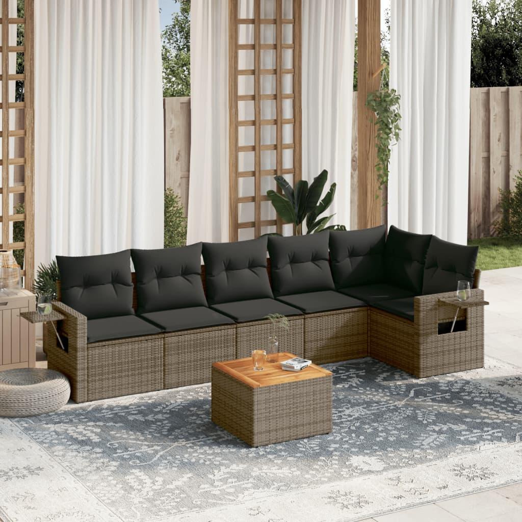 VIDAXL Salon de jardin avec coussins 7 pcs gris resine tressee