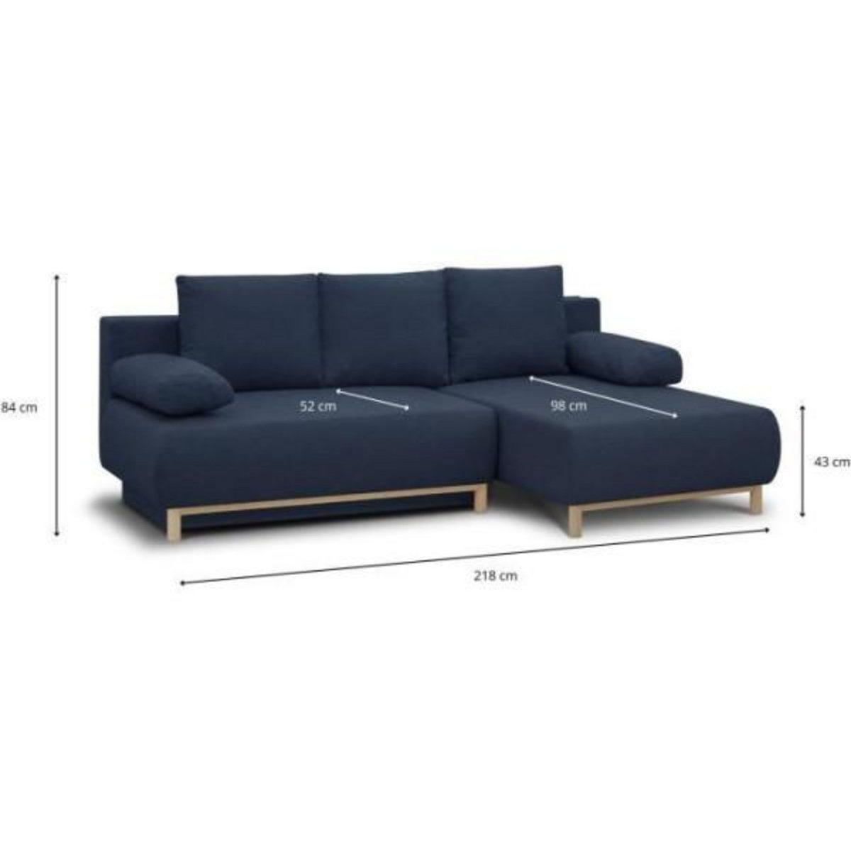 MARKET24 Canapé d'angle droit convertible MIKA 3 places - Tissu bleu foncé - Coffre de rangement - L218 x P98/145 x H84 cm