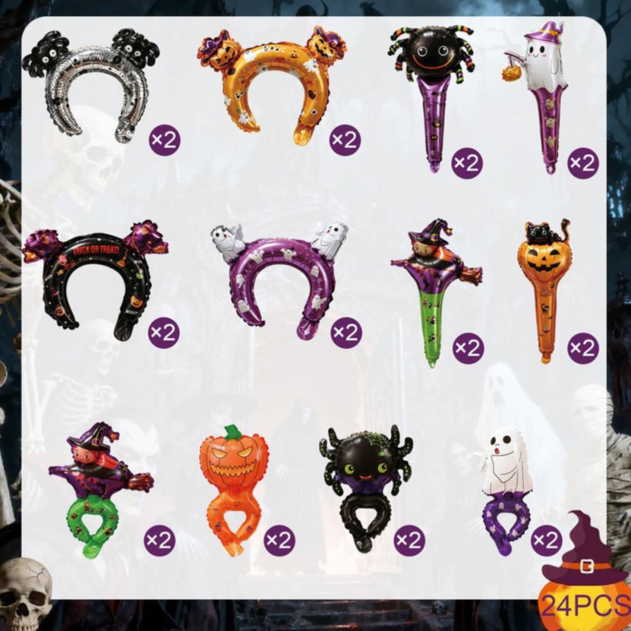 Voir la diapositive 2 : Ballons aluminium au foil Halloween, assortiment multicolore 25 cm (intérieur), 24 pièces