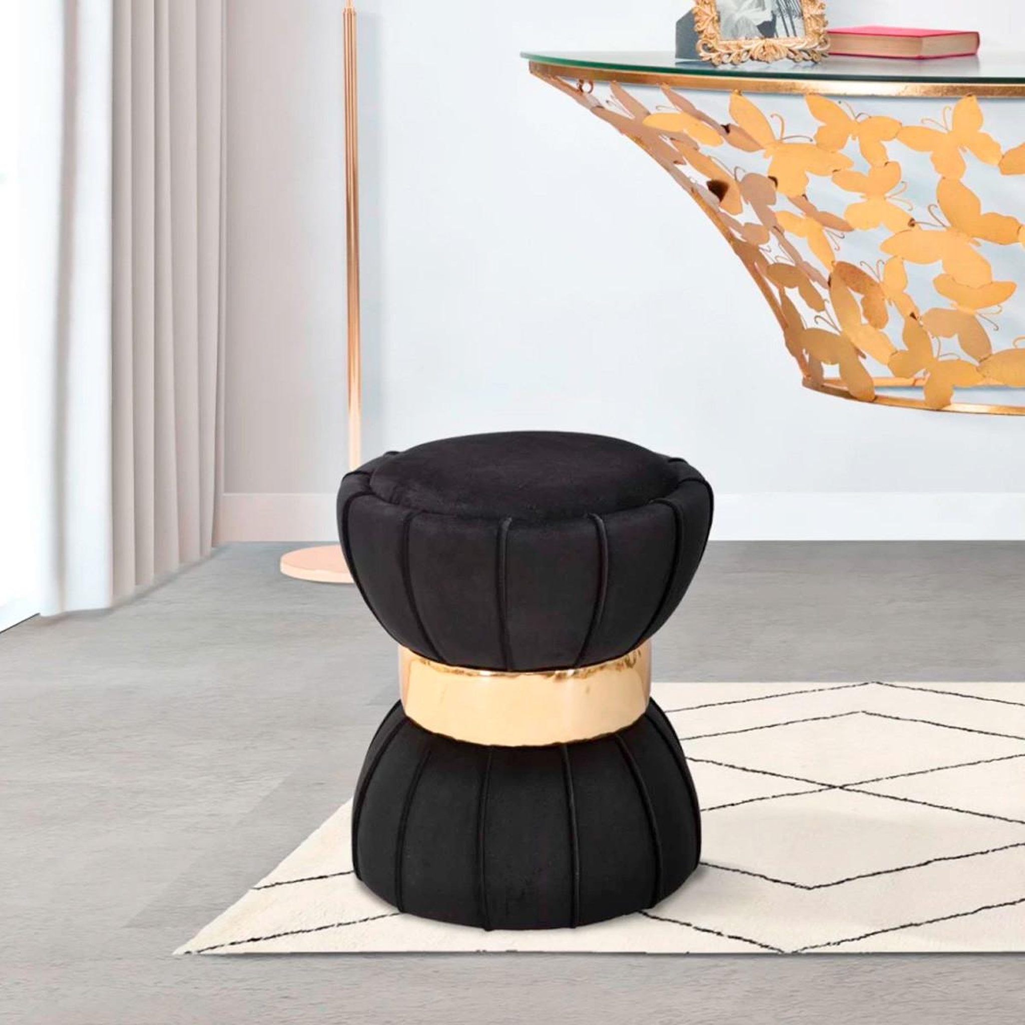 Voir la diapositive 5 : Paris Prix Pouf design en velours  flower  44cm noir & or