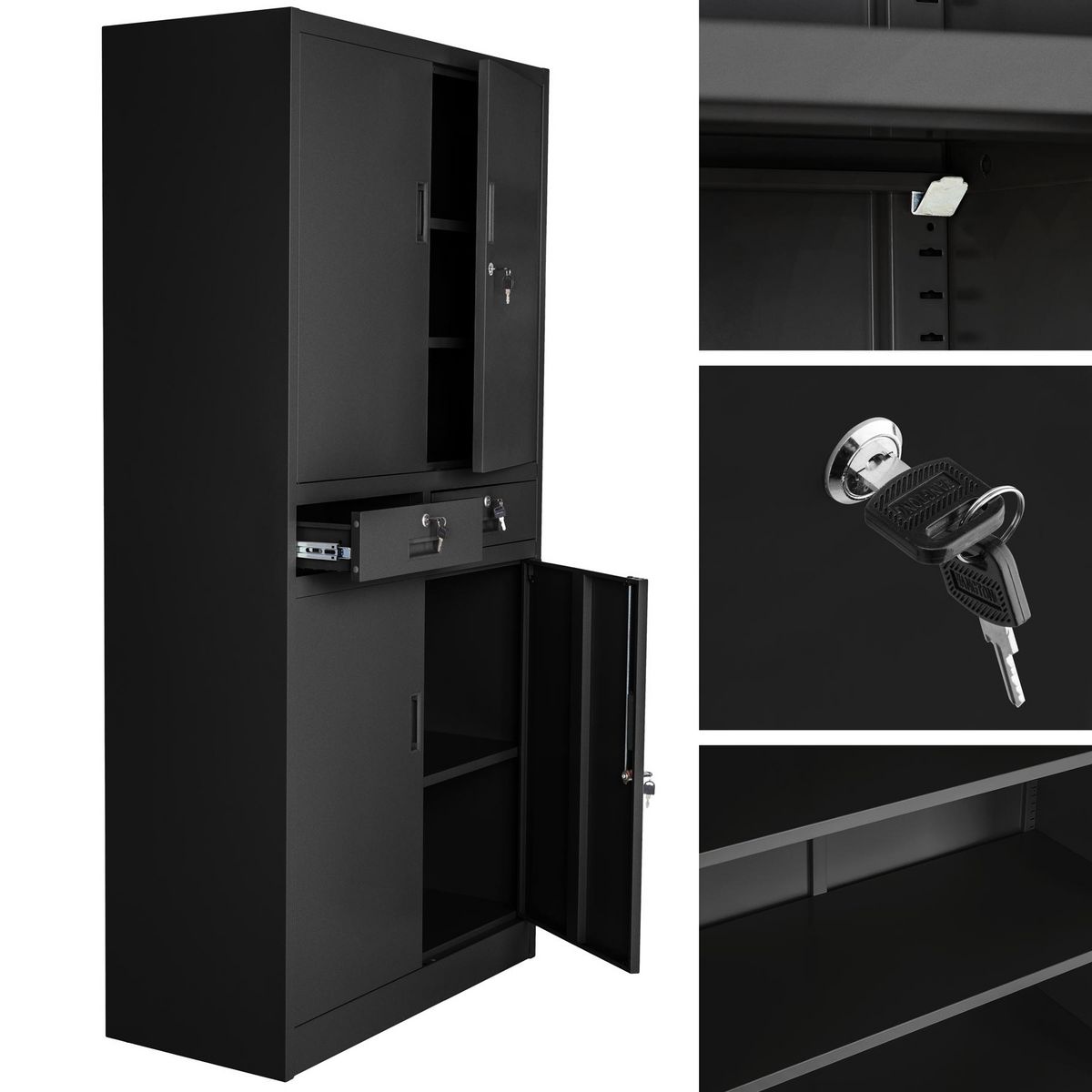 tectake Armoire de classement en métal en acier lâqué époxy noir