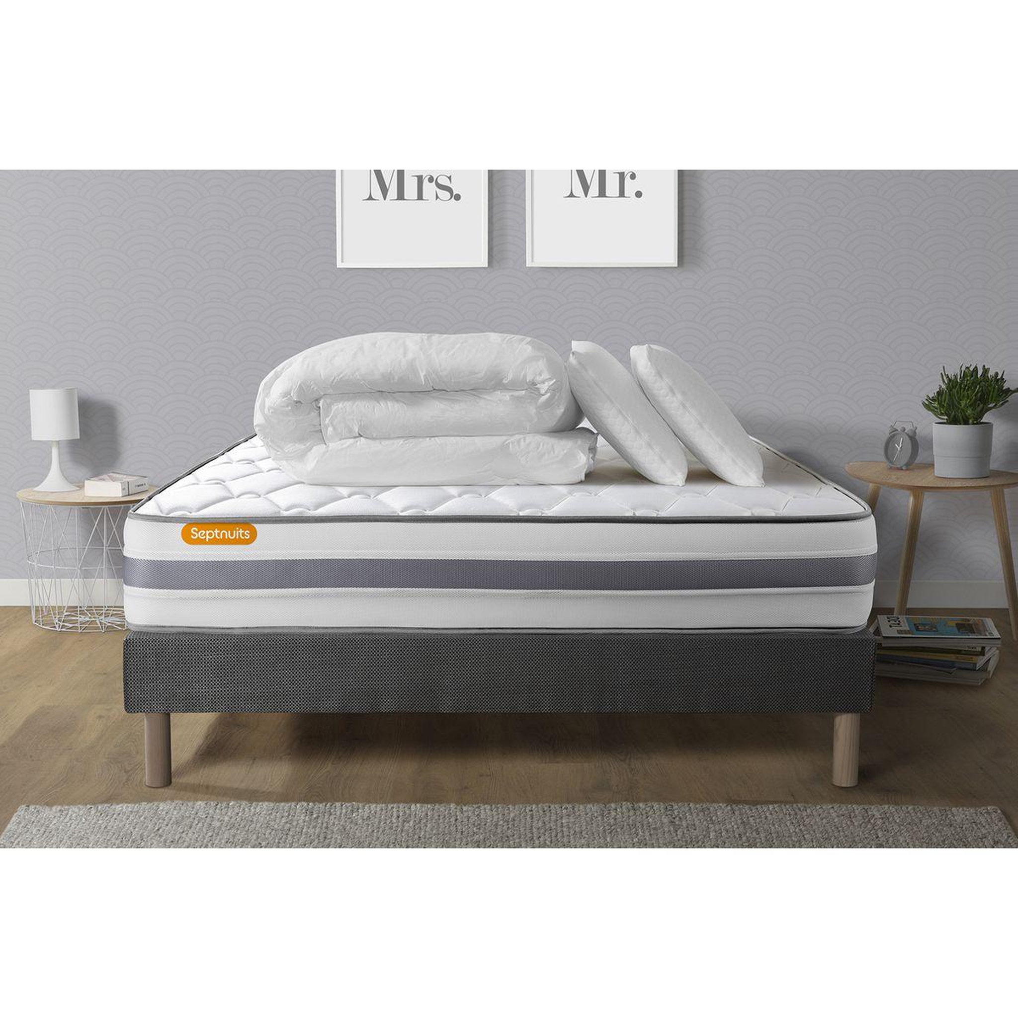 Voir la diapositive 1 : SEPTNUITS Pack matelas + sommier gris Memo Spring Ressorts ensachés 3 zones MAXI épaisseur + Couette + 2 oreillers