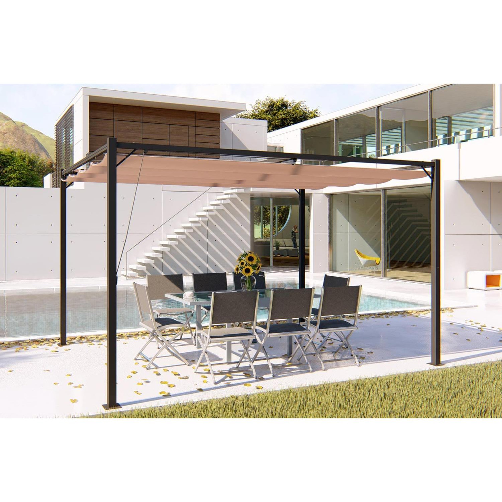 Voir la diapositive 2 : CONCEPT USINE Pergola autoportante 3 x 4m avec toile en polyester taupe tusa
