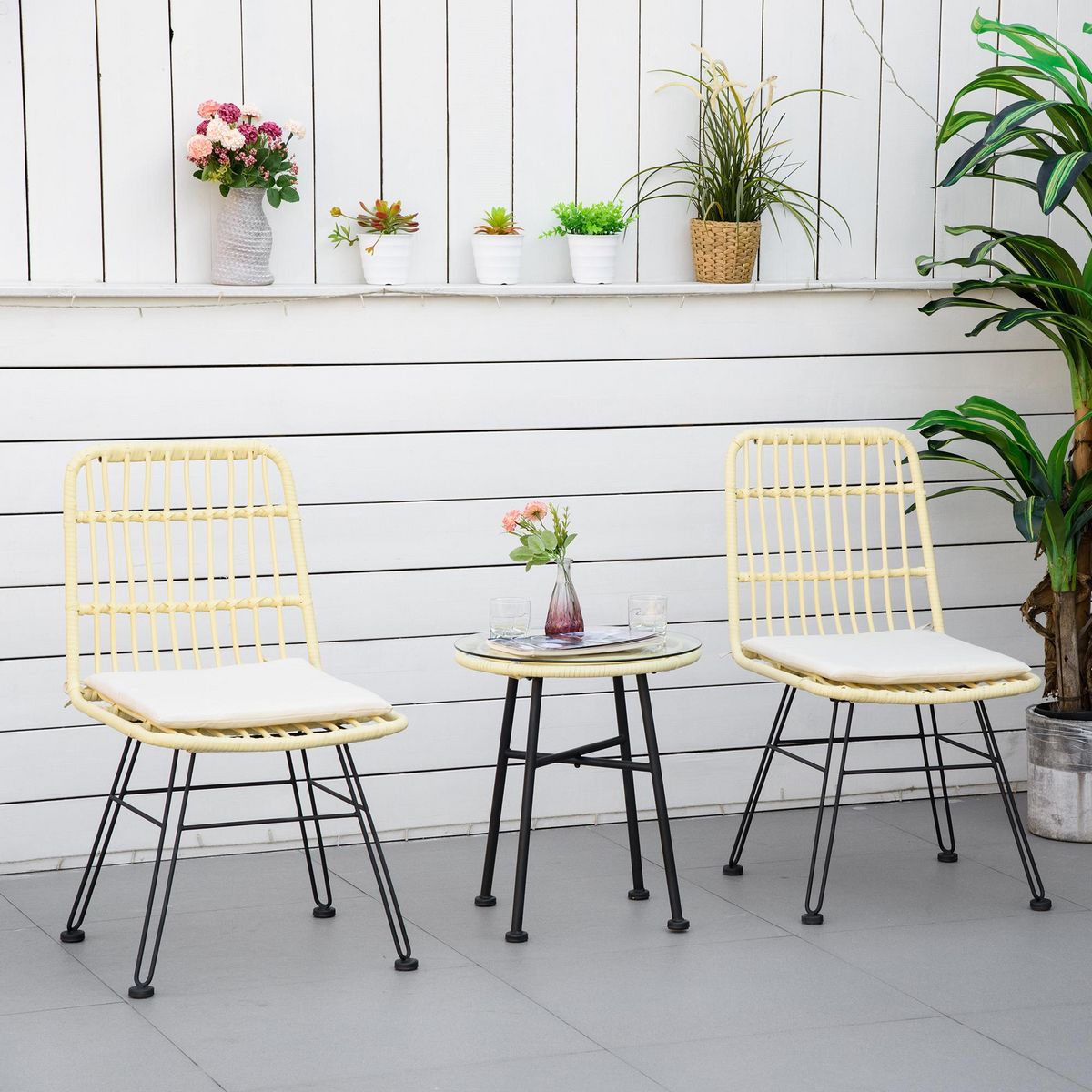 OUTSUNNY Ensemble bistro de jardin 2 places 3 pièces style exotique 2 chaises + table basse ronde métal époxy noir résine tressée beige