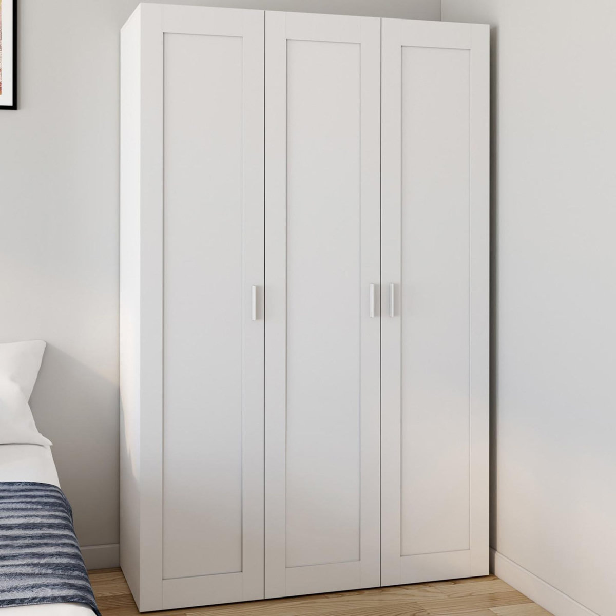 ID MARKET Armoire 3 portes VITO blanc penderie 120 cm avec étagères