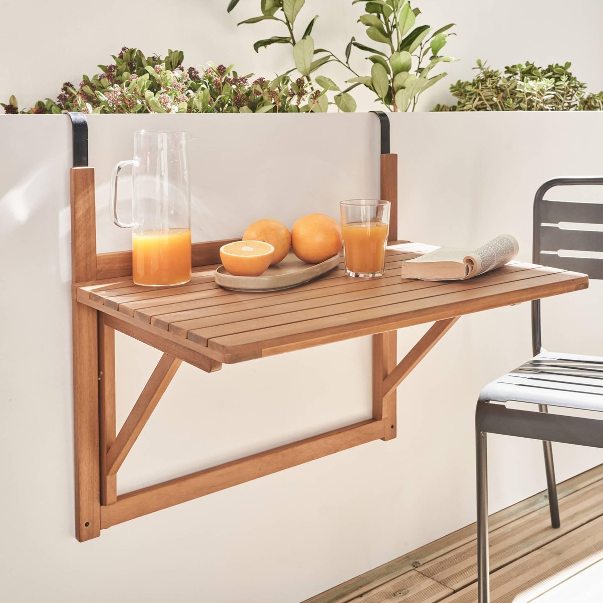 SWEEEK Table d'appoint en bois pour balcon. rectangulaire. rabattable. hauteur ajustable