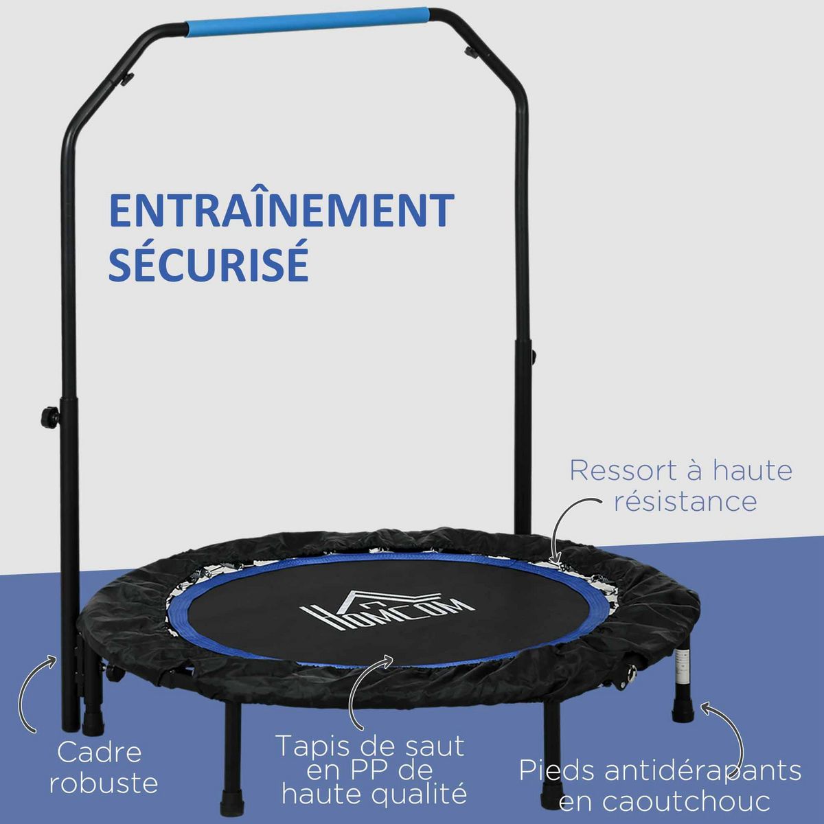 HOMCOM Trampoline de fitness gym pliable - poignée réglable, 28 ressorts - Ø 102 cm - noir bleu