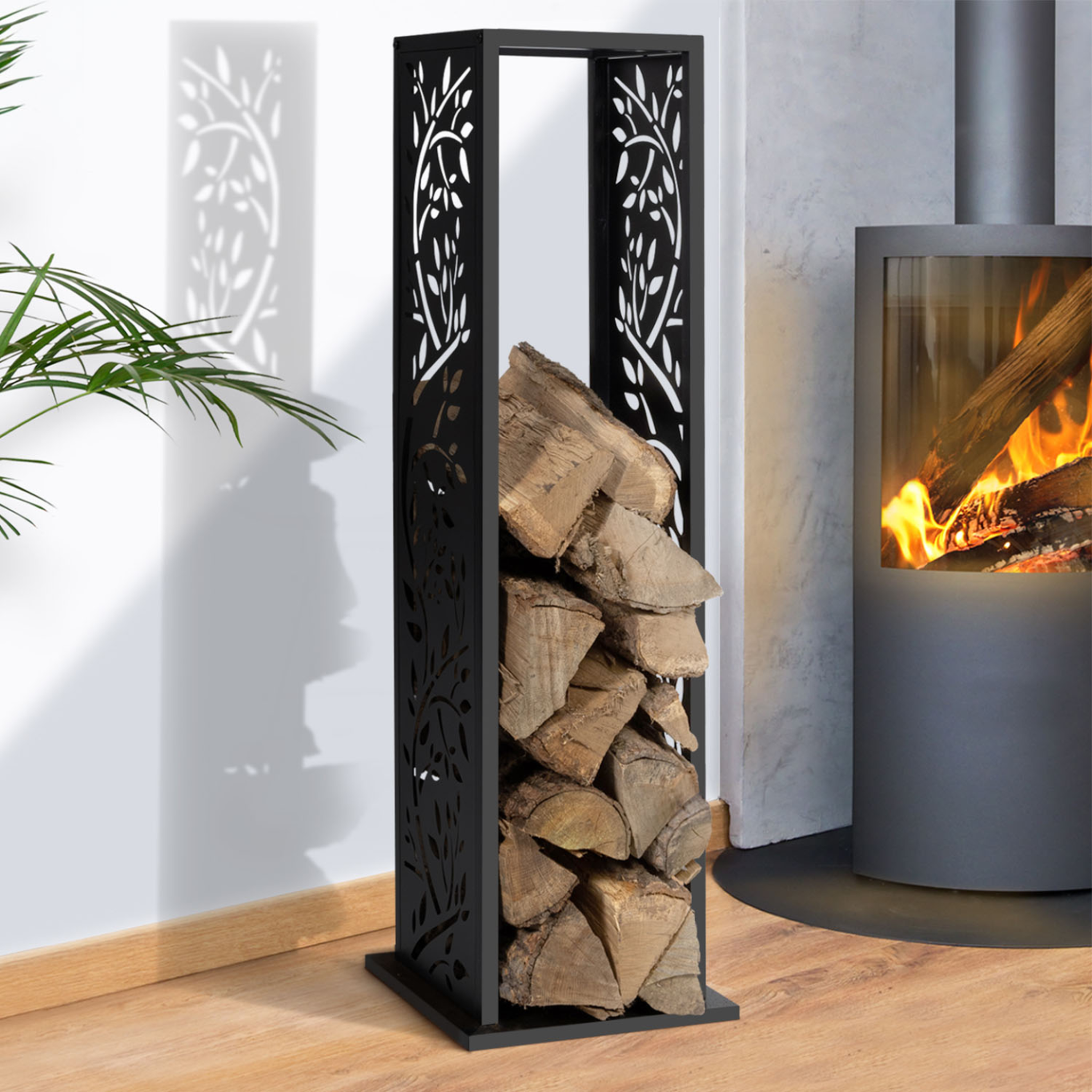 Voir la diapositive 2 : ID MARKET Range bûches vertical acier noir motif arbre h.112 cm pour cheminée