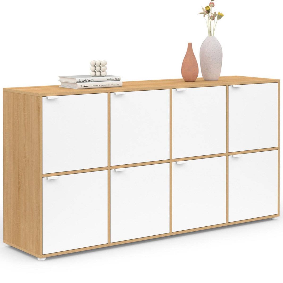 ID MARKET Buffet casier 139 cm CASSIE 8 portes blanc et bois