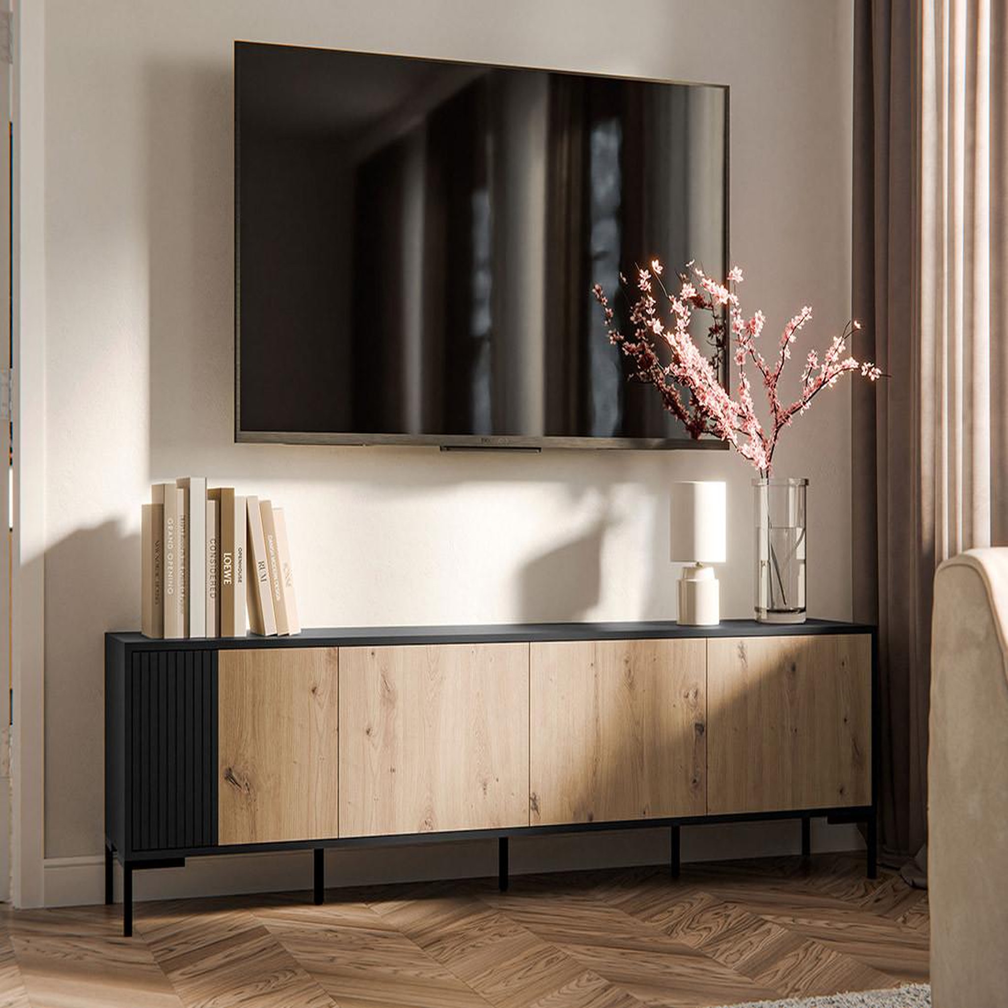 Voir la diapositive 3 : BEST MOBILIER Cambridge - meuble tv - effet bois et noir - 4 portes - 200 cm