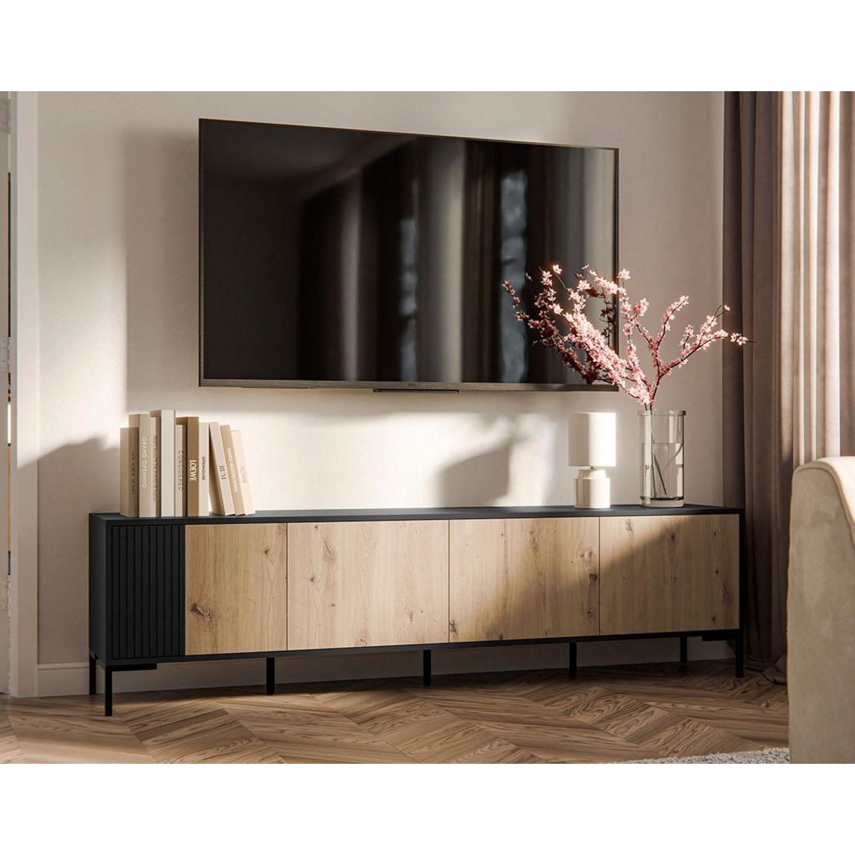 BEST MOBILIER Cambridge - meuble tv - effet bois et noir - 200 cm