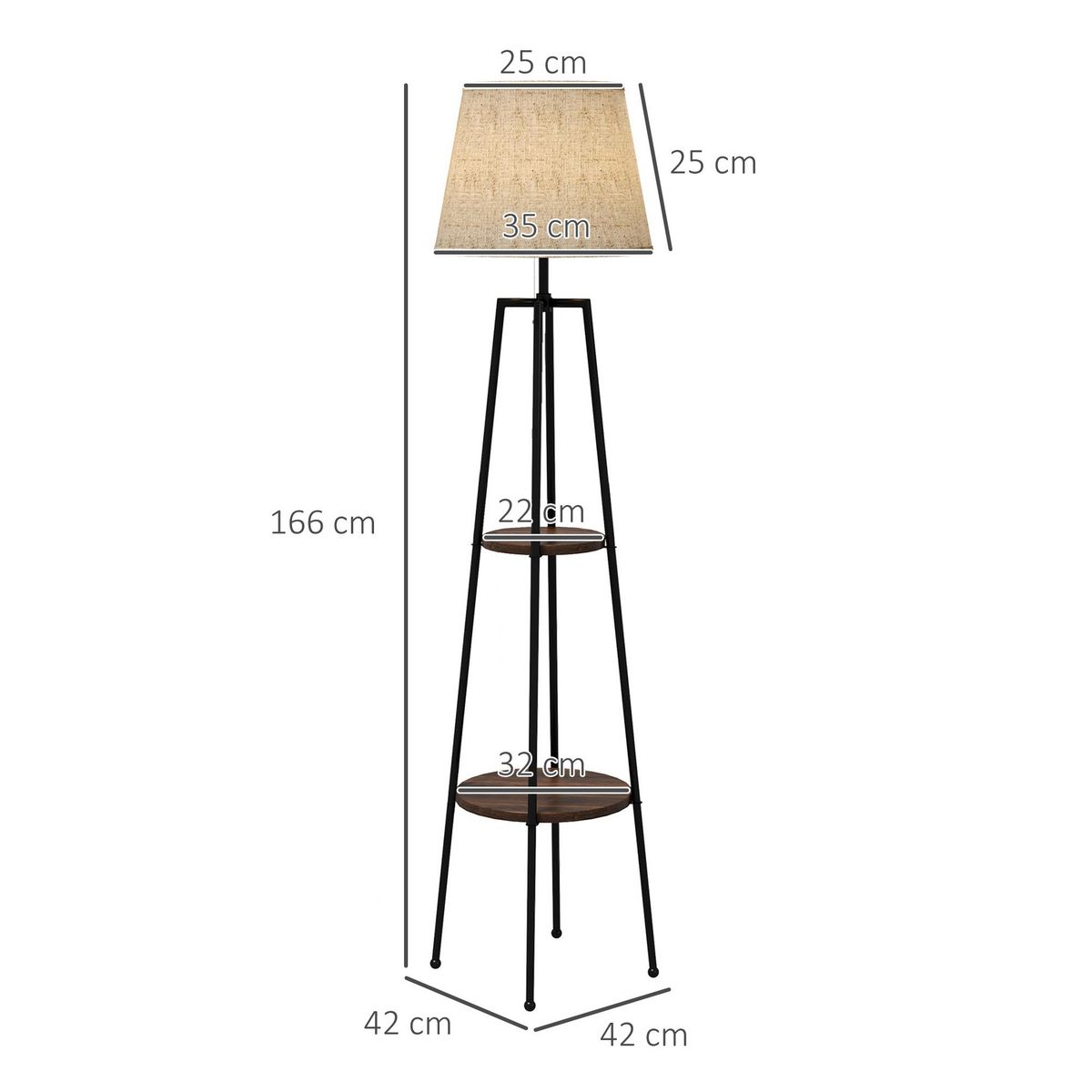 HOMCOM Lampadaire design contemporain 2 étagères intégrées 40 W 166H cm métal noir MDF aspect bois de noyer tissu beige
