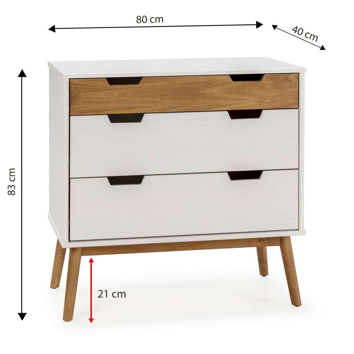 VS VENTA-STOCK Commode Baku 3 tiroirs couleur blanc/bois, 80 cm longueur
