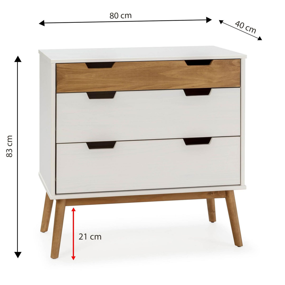 VS VENTA-STOCK Commode Baku 3 tiroirs couleur blanc/bois, 80 cm longueur