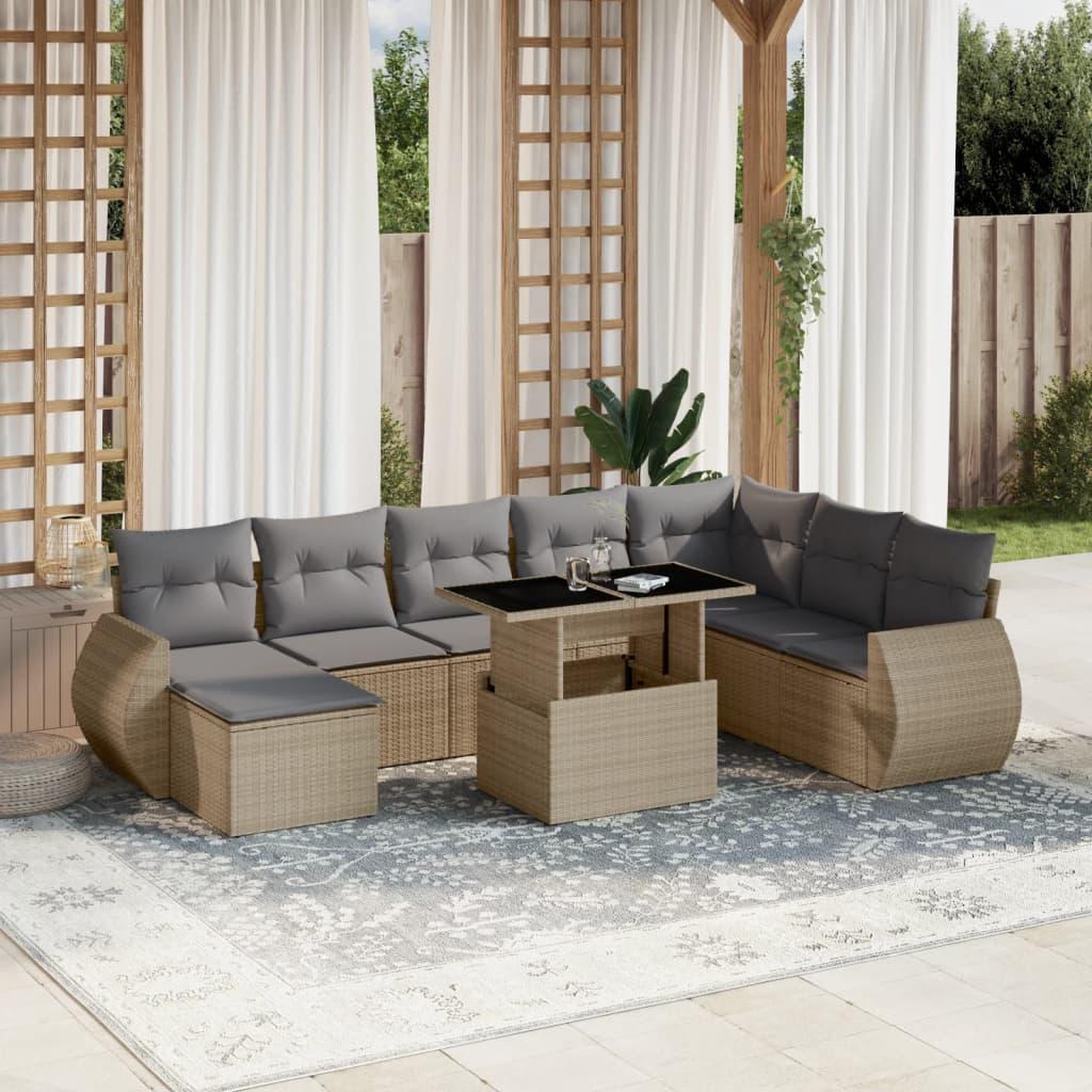 VIDAXL Salon de jardin avec coussins 9 pcs beige resine tressee